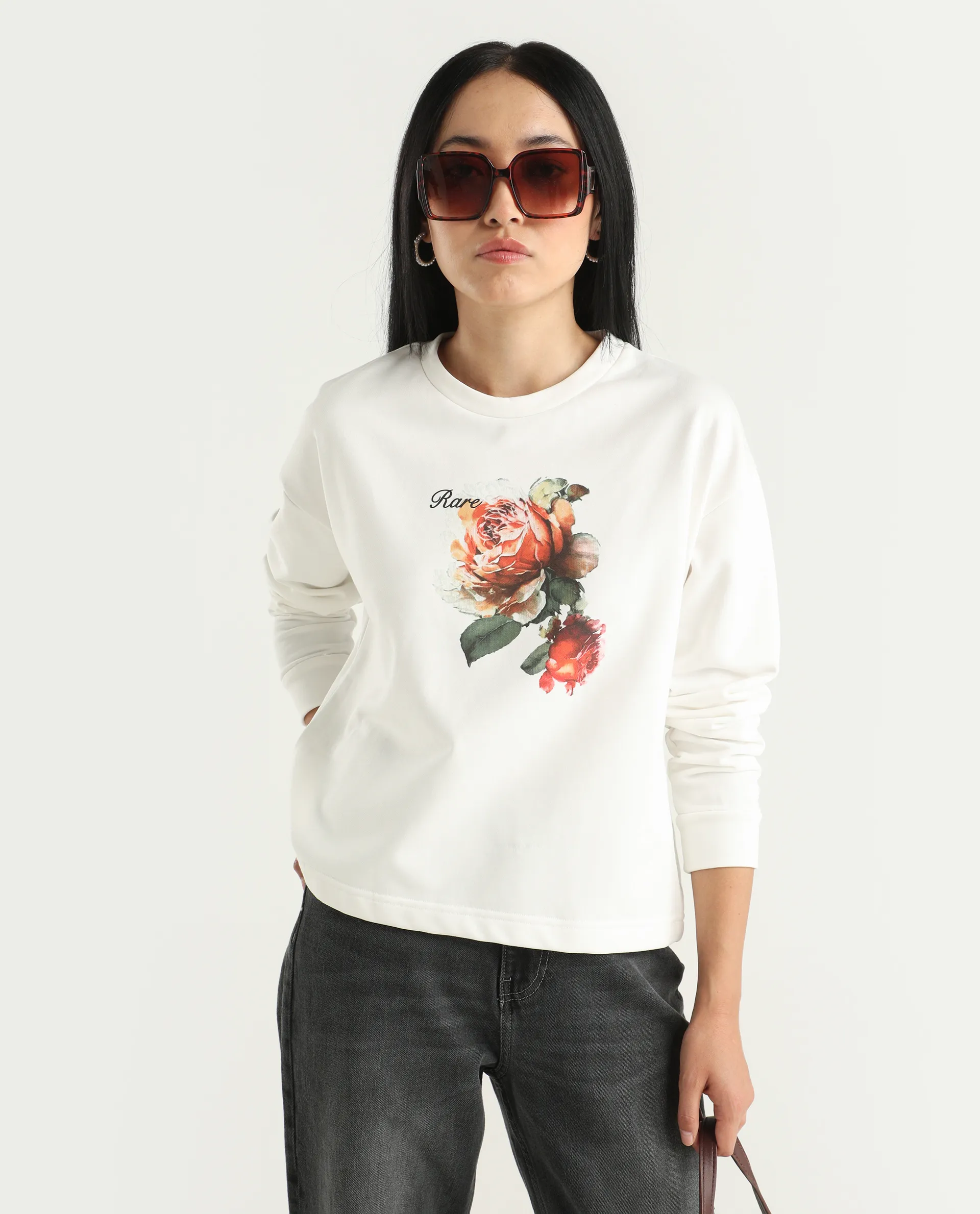 Rareism Women's Curtin Off White Polyester Blend Crew Neck Graphic Print Regular Fit Sweatshirt - Image 6
