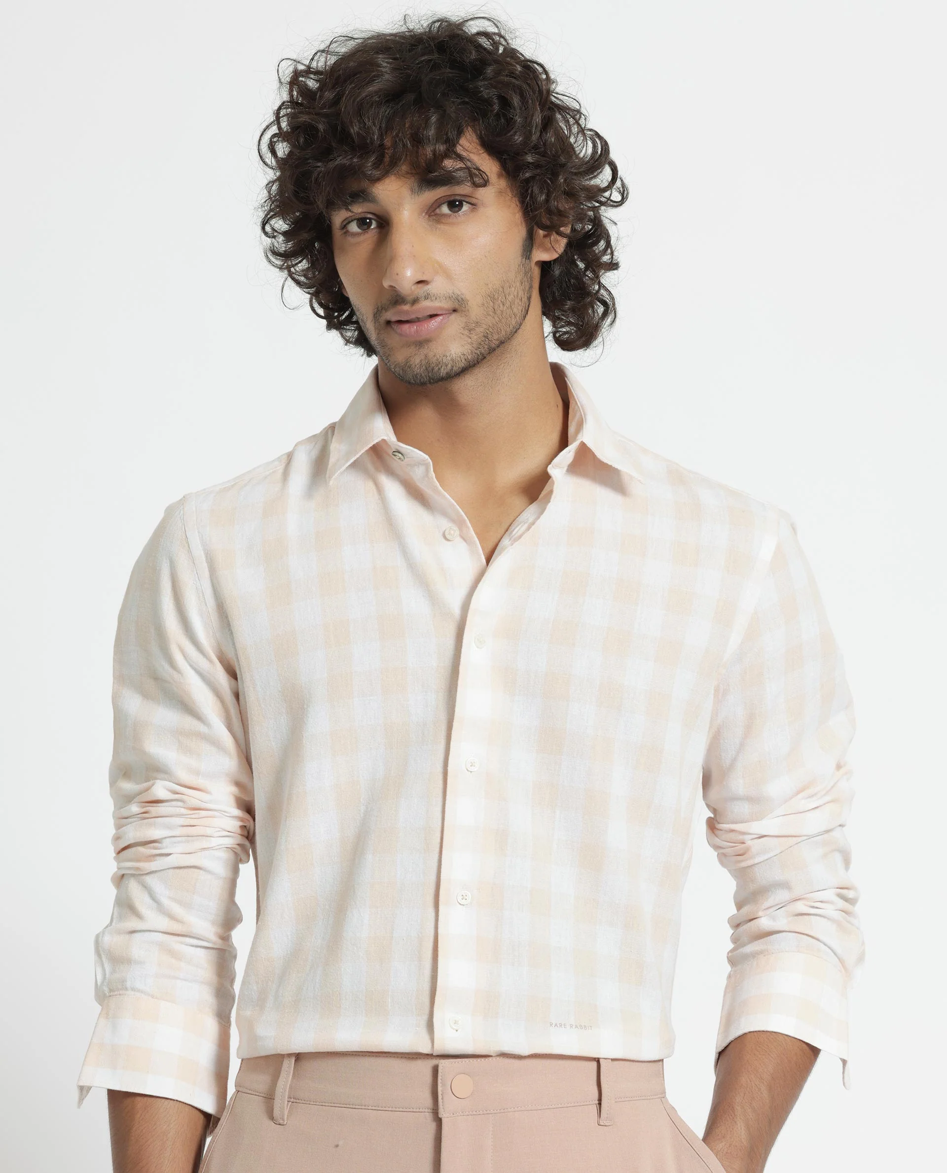 Rare Rabbit Men's Cutro Light Orange Cotton Checked Print Regular Fit Full Sleeve Collared Shirt - Image 3