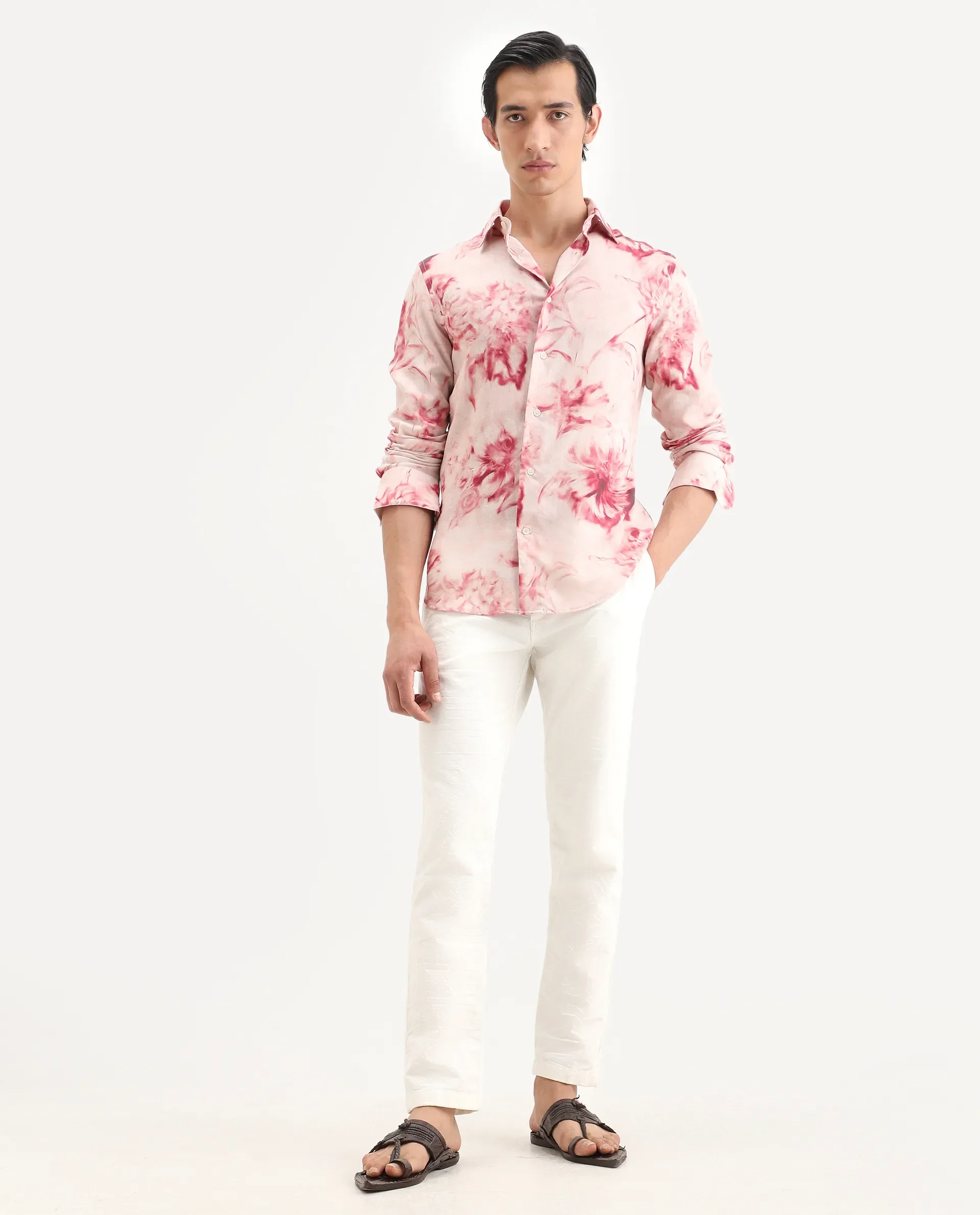 Rare Rabbit Men's Cuvn Dusky Pink Linen Blend Fabric Full Sleeve Spread Collar Regular Fit Floral Print Shirt - Image 2