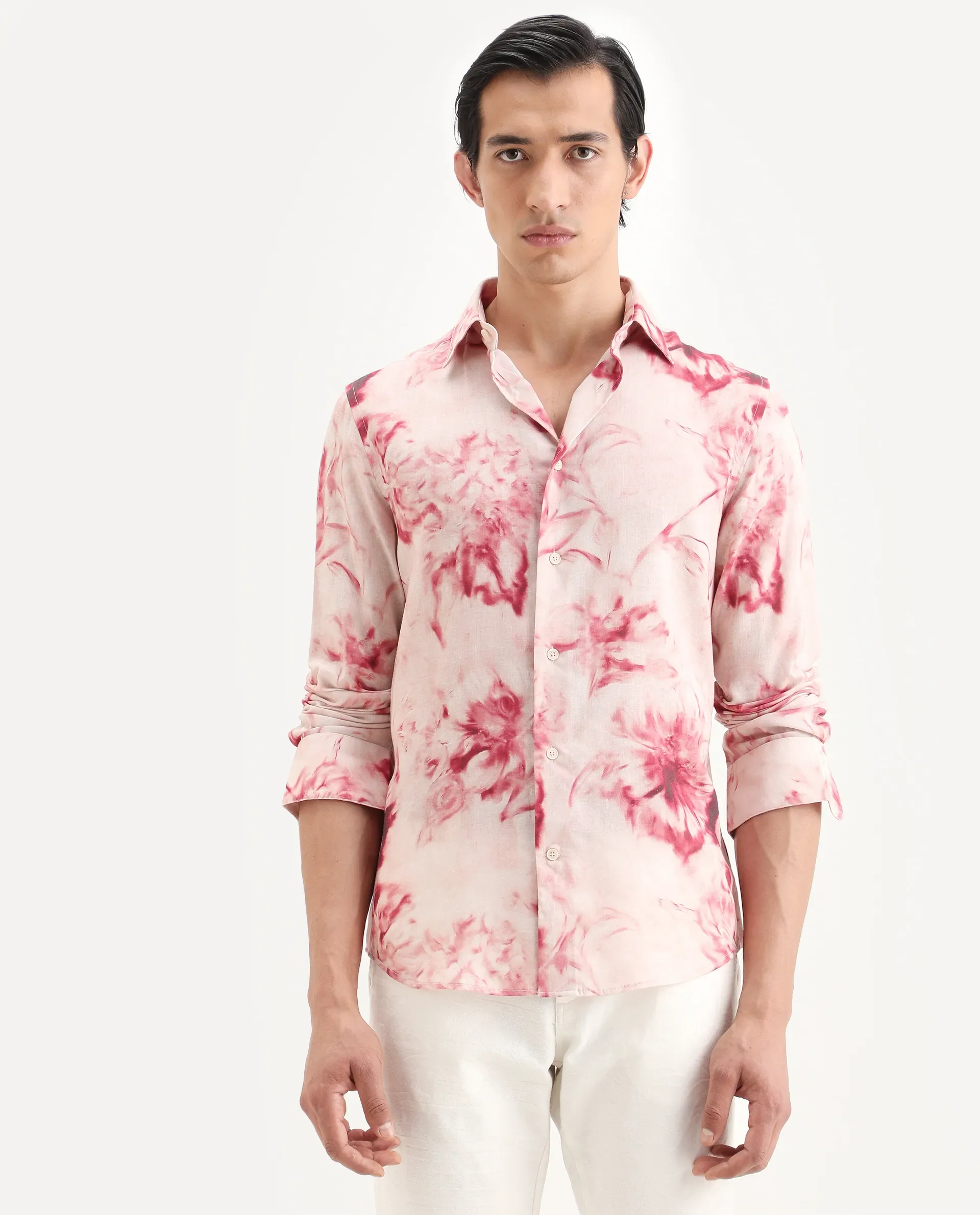 Rare Rabbit Men's Cuvn Dusky Pink Linen Blend Fabric Full Sleeve Spread Collar Regular Fit Floral Print Shirt - Image 4