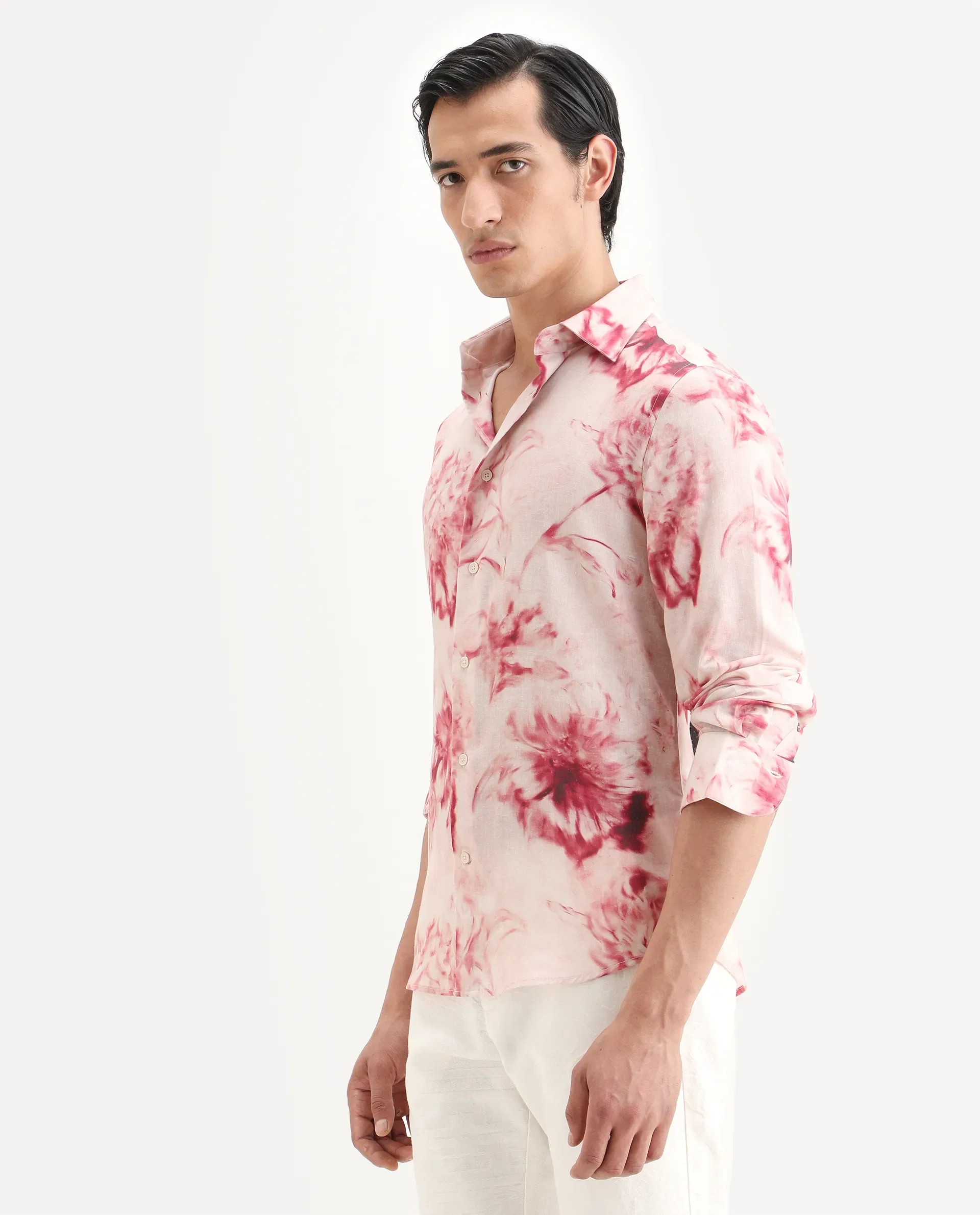 Rare Rabbit Men's Cuvn Dusky Pink Linen Blend Fabric Full Sleeve Spread Collar Regular Fit Floral Print Shirt - Image 5