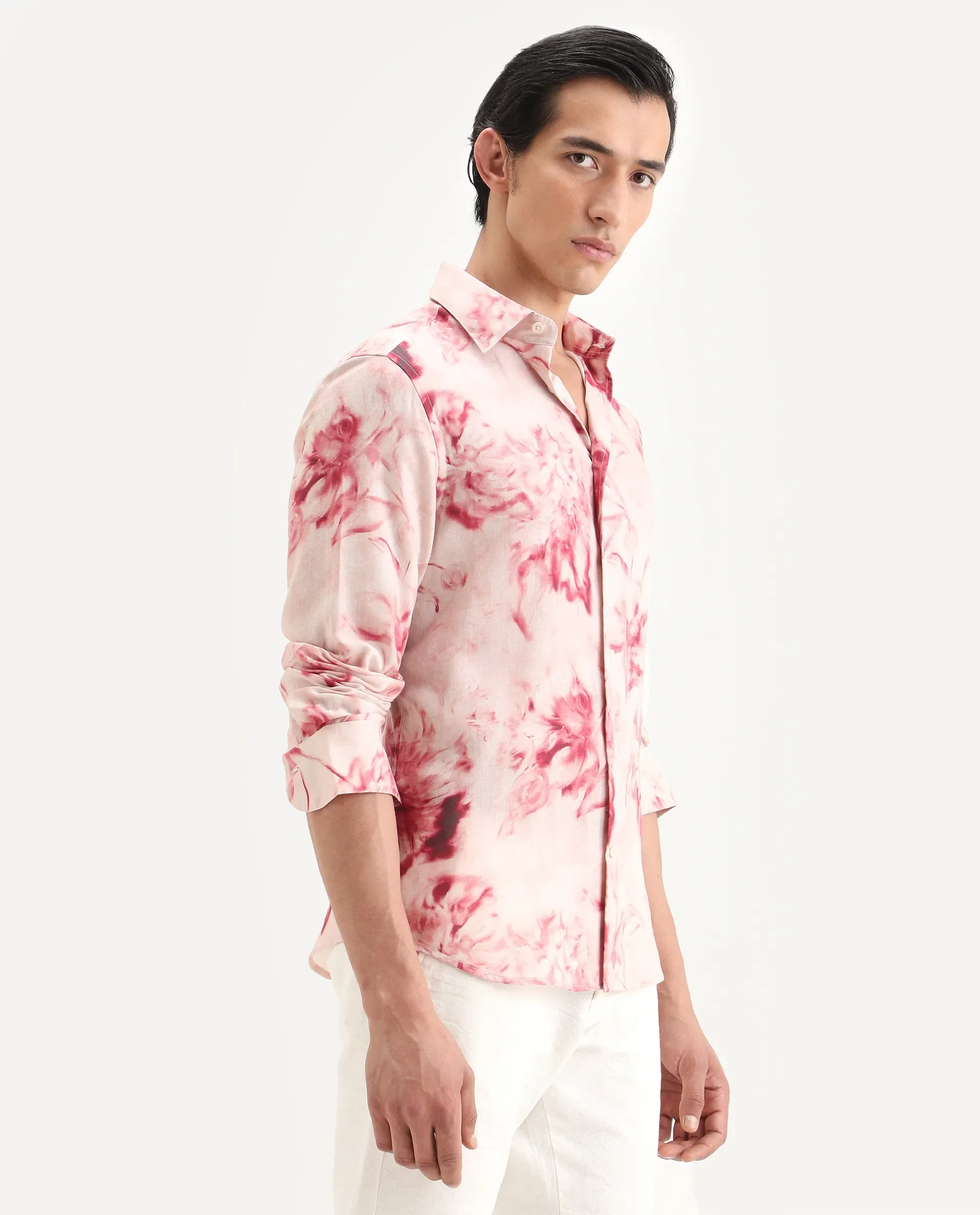 Rare Rabbit Men's Cuvn Dusky Pink Linen Blend Fabric Full Sleeve Spread Collar Regular Fit Floral Print Shirt - Image 6