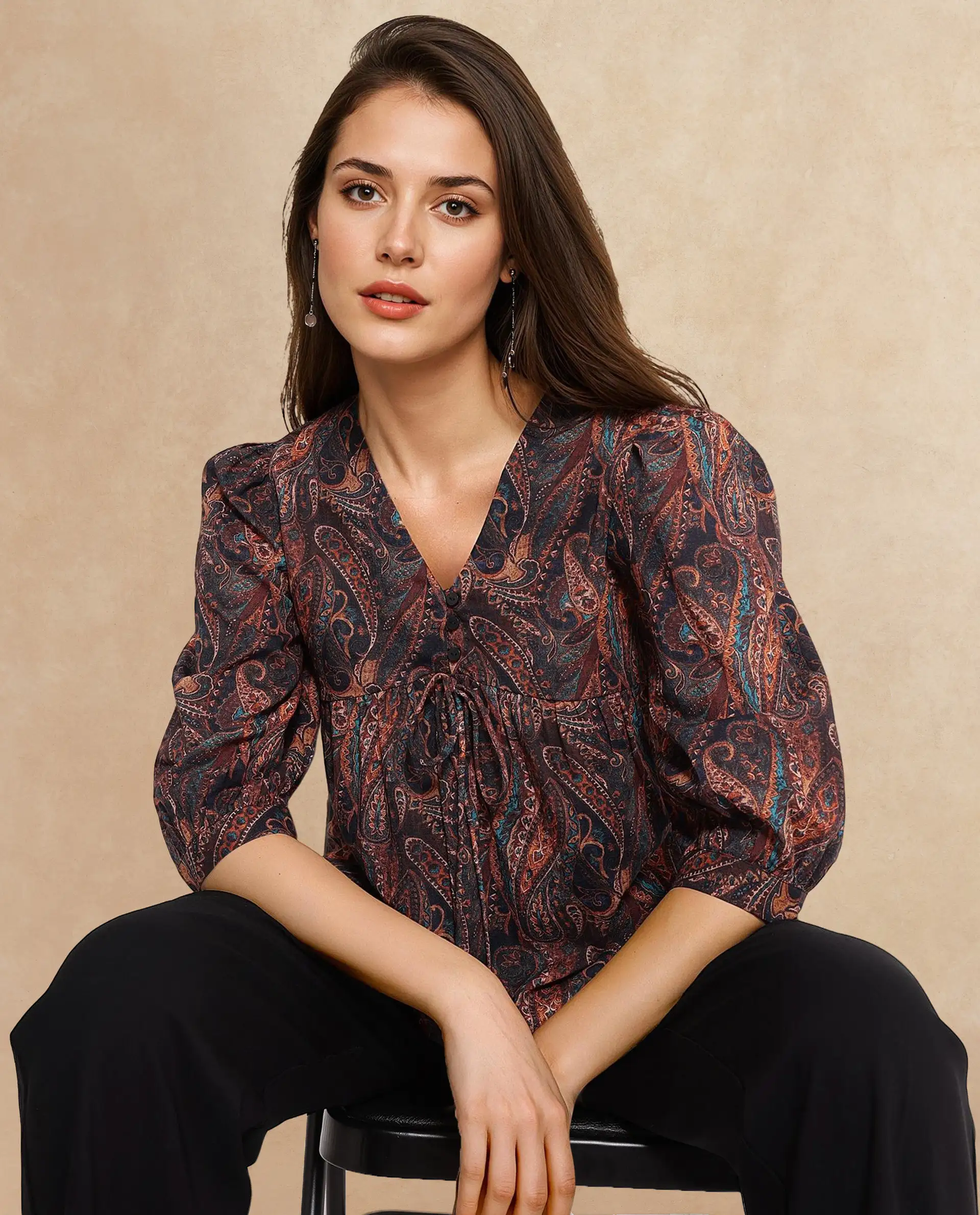 Rareism Women's Cyak Multi Cotton Blend V-Neck Paisley Print Puff Sleeves Regular Fit Top - Image 2