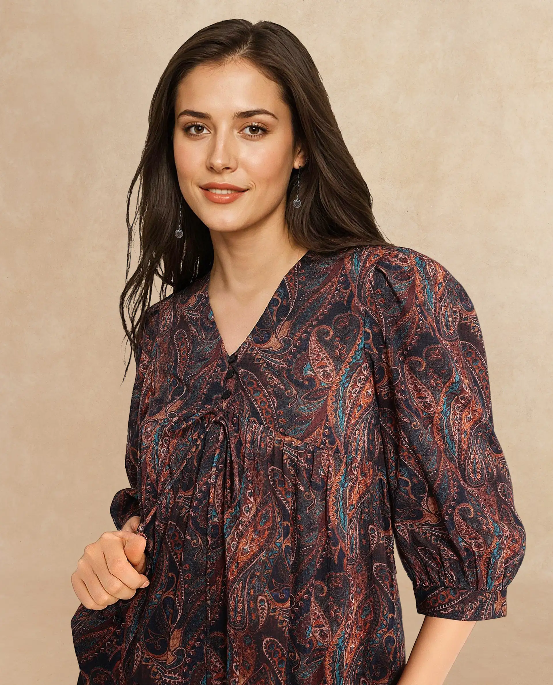 Rareism Women's Cyak Multi Cotton Blend V-Neck Paisley Print Puff Sleeves Regular Fit Top - Image 3