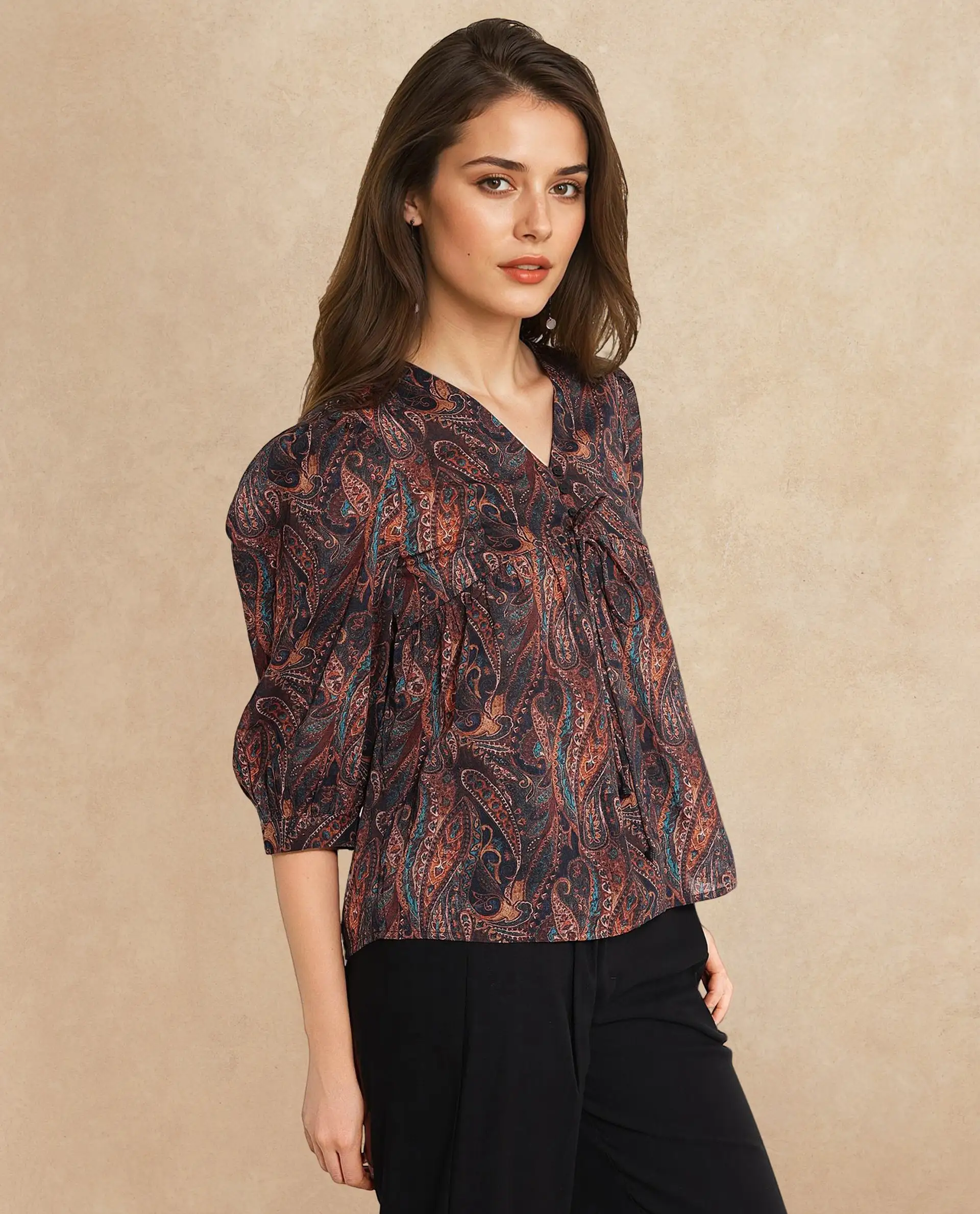 Rareism Women's Cyak Multi Cotton Blend V-Neck Paisley Print Puff Sleeves Regular Fit Top - Image 5
