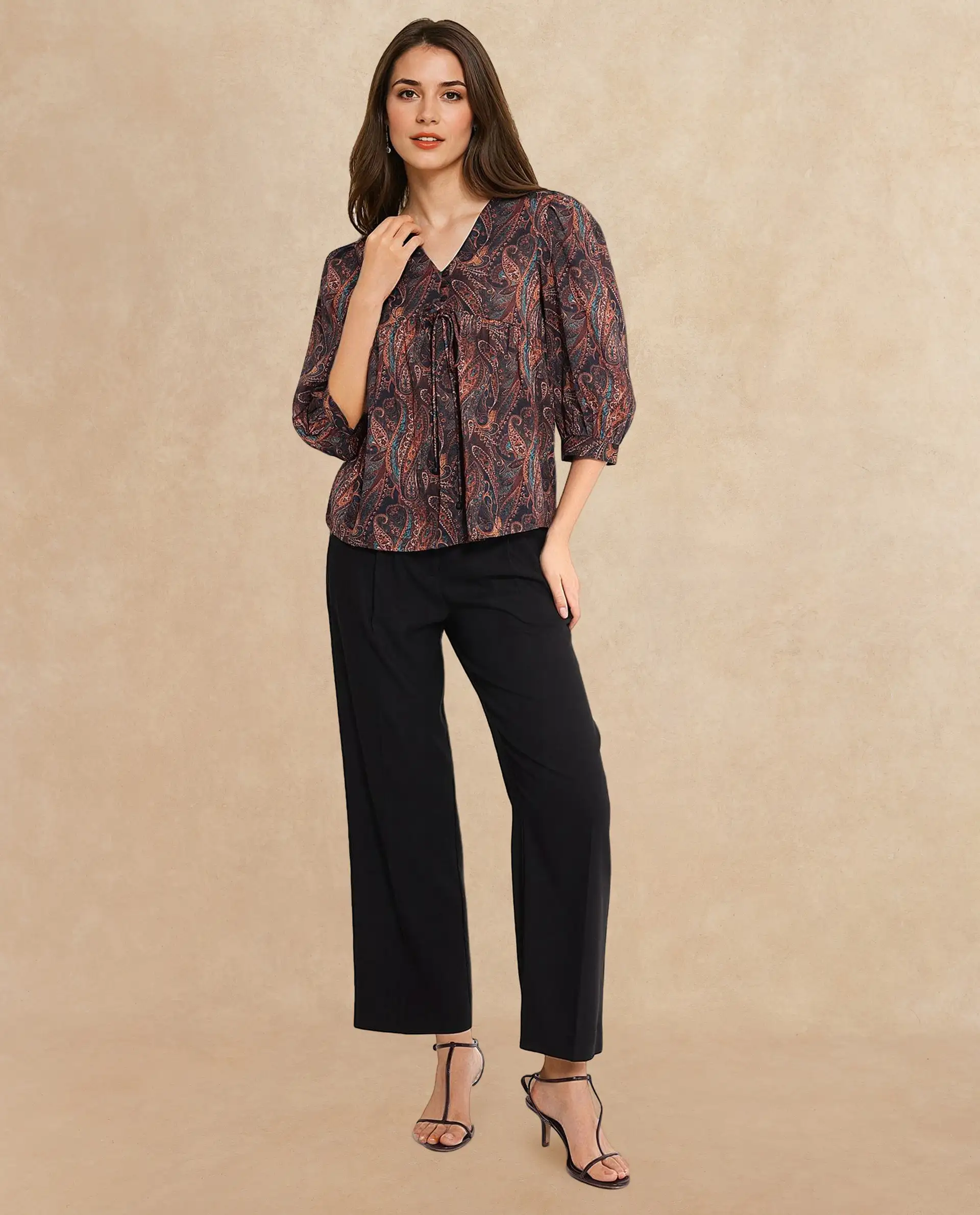 Rareism Women's Cyak Multi Cotton Blend V-Neck Paisley Print Puff Sleeves Regular Fit Top - Image 6