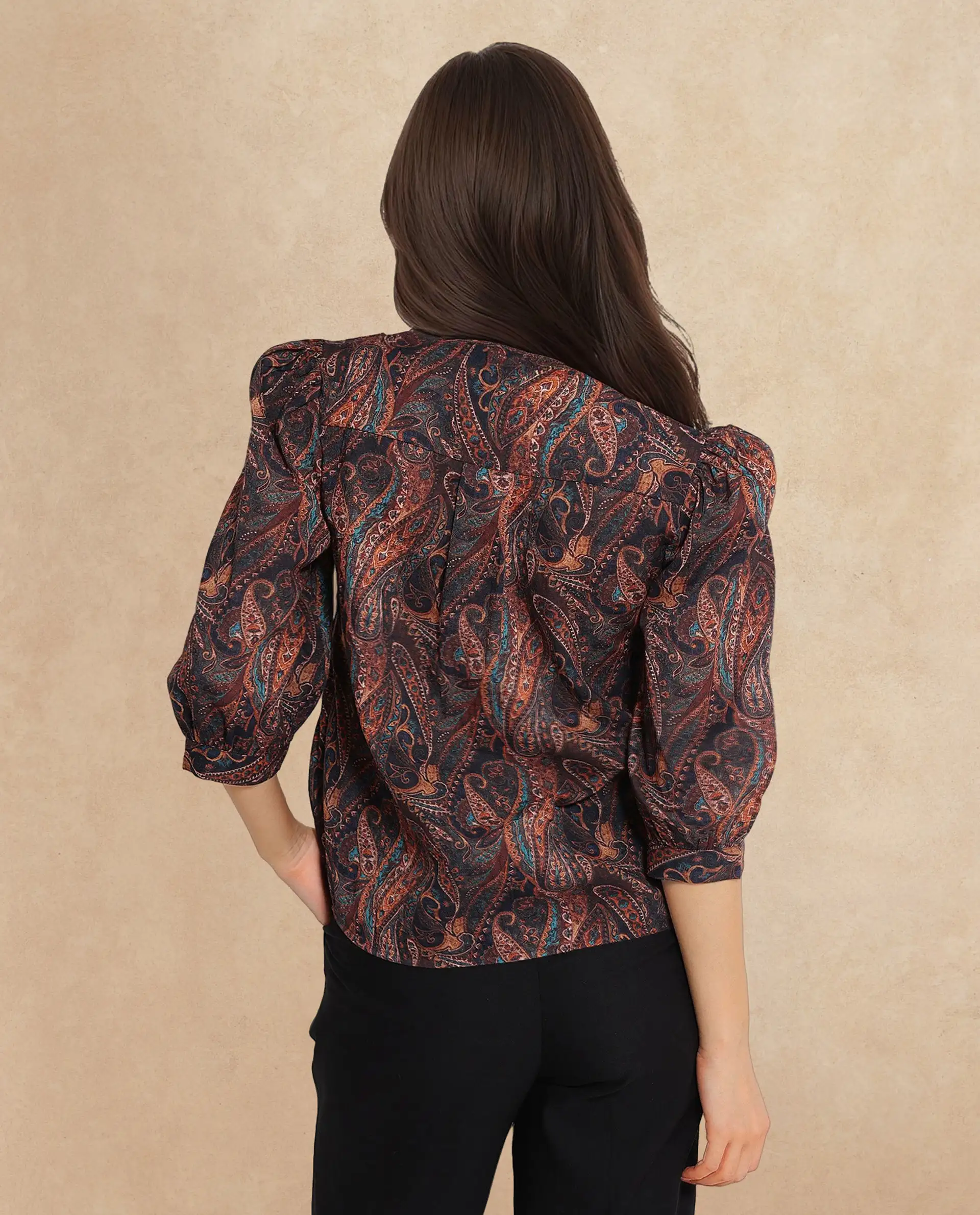 Rareism Women's Cyak Multi Cotton Blend V-Neck Paisley Print Puff Sleeves Regular Fit Top - Image 7