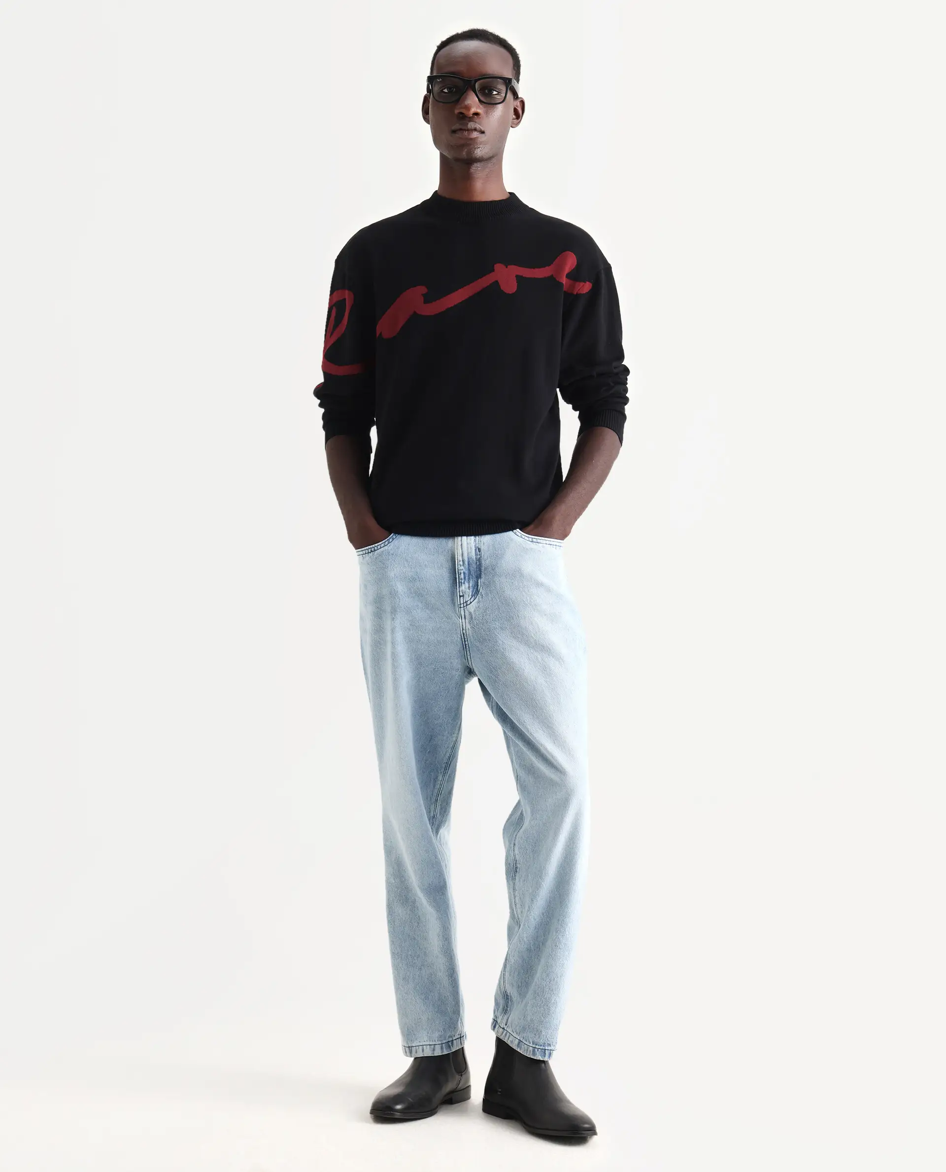 Rare Rabbit Men's Cyan Black Cotton Textured Regular Fit Full Sleeve Crew Neck Sweater - Image 2