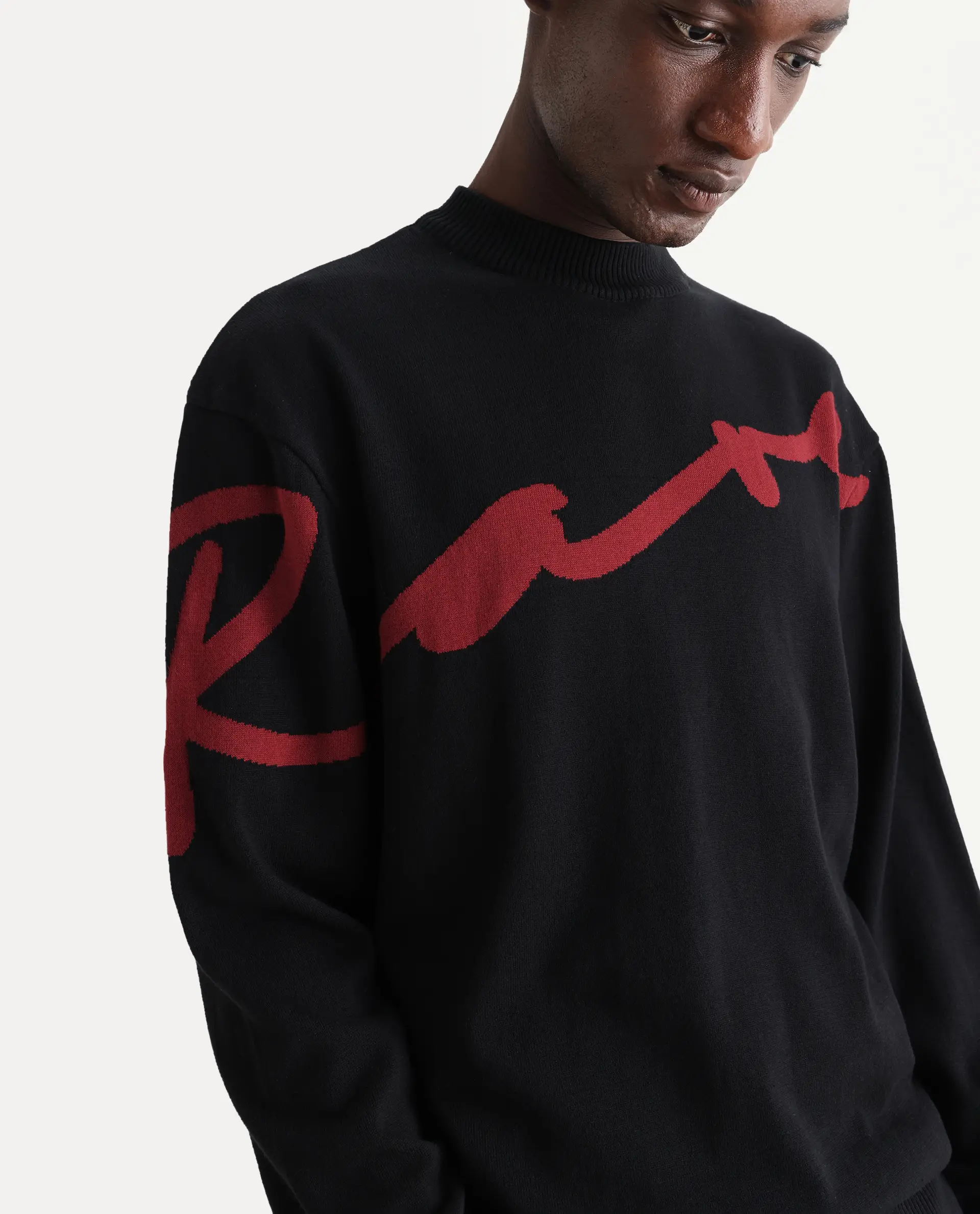 Rare Rabbit Men's Cyan Black Cotton Textured Regular Fit Full Sleeve Crew Neck Sweater - Image 3
