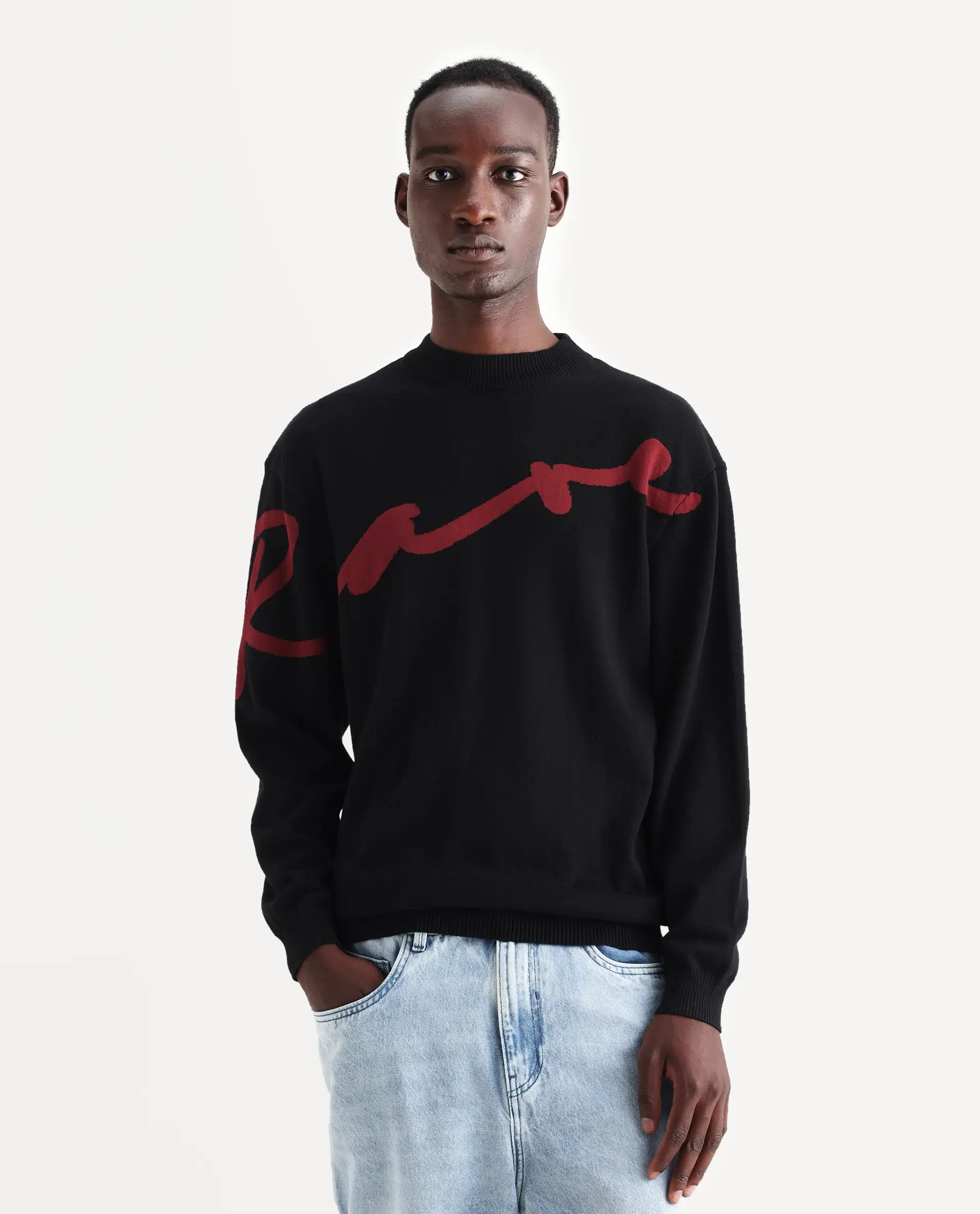 Rare Rabbit Men's Cyan Black Cotton Textured Regular Fit Full Sleeve Crew Neck Sweater - Image 4