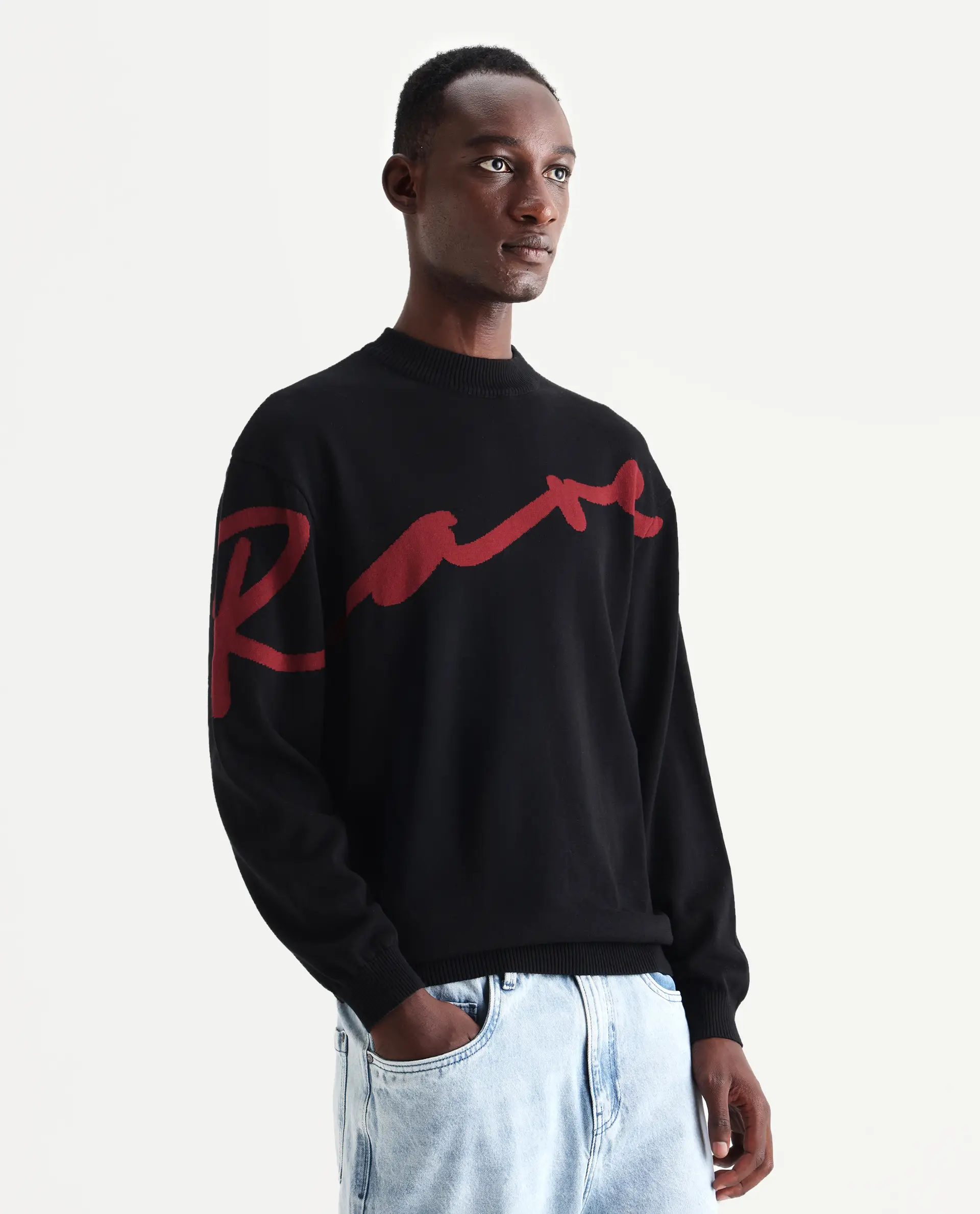 Rare Rabbit Men's Cyan Black Cotton Textured Regular Fit Full Sleeve Crew Neck Sweater - Image 6