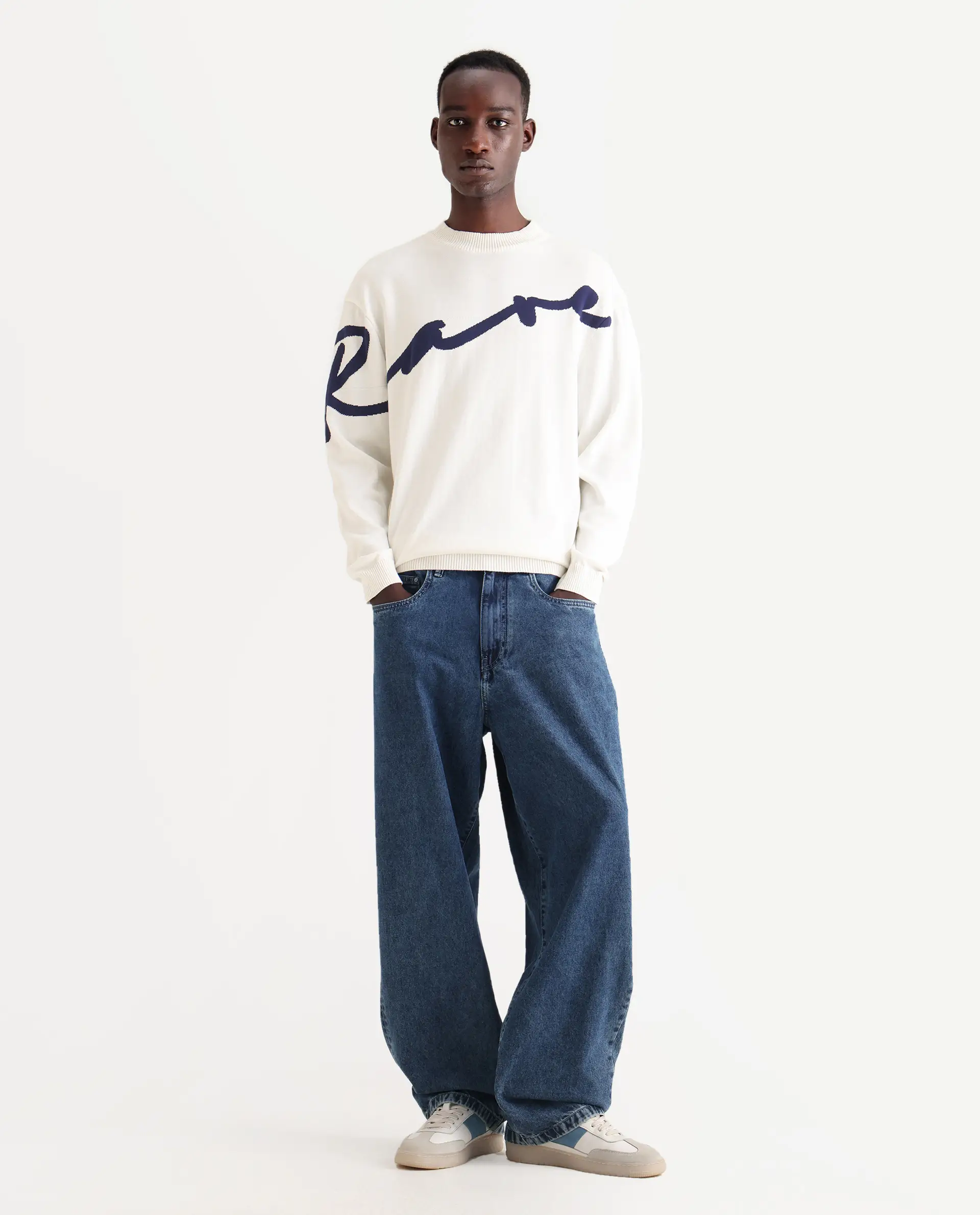 Rare Rabbit Men's Cyan Off White Cotton Textured Regular Fit Full Sleeve Crew Neck Sweater - Image 2