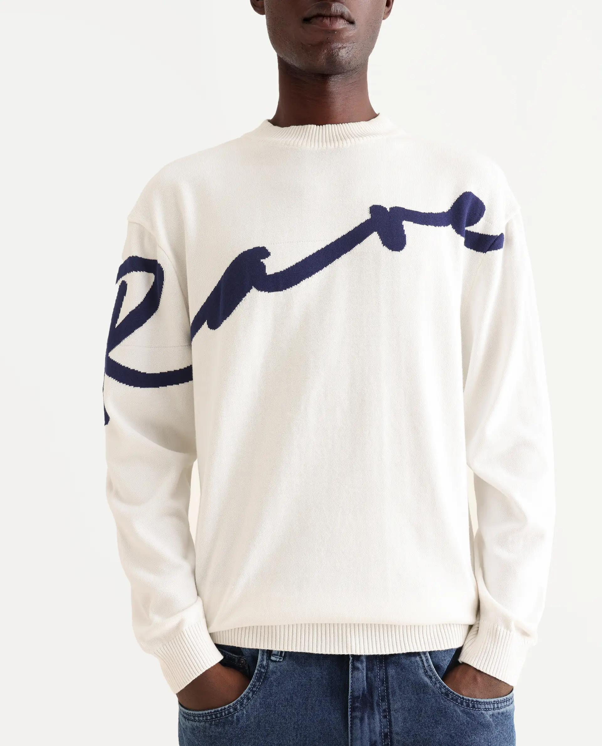 Rare Rabbit Men's Cyan Off White Cotton Textured Regular Fit Full Sleeve Crew Neck Sweater - Image 3