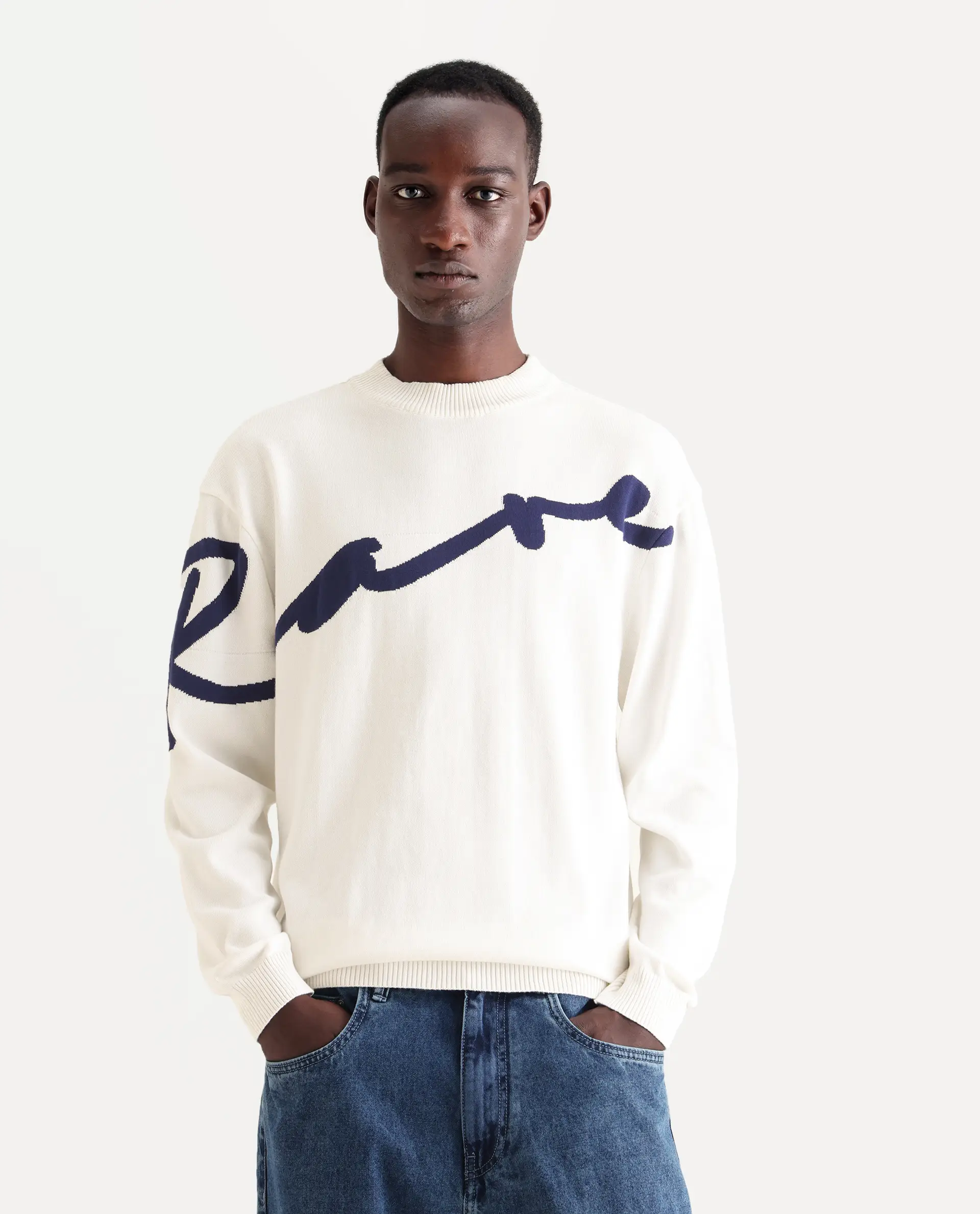 Rare Rabbit Men's Cyan Off White Cotton Textured Regular Fit Full Sleeve Crew Neck Sweater - Image 4