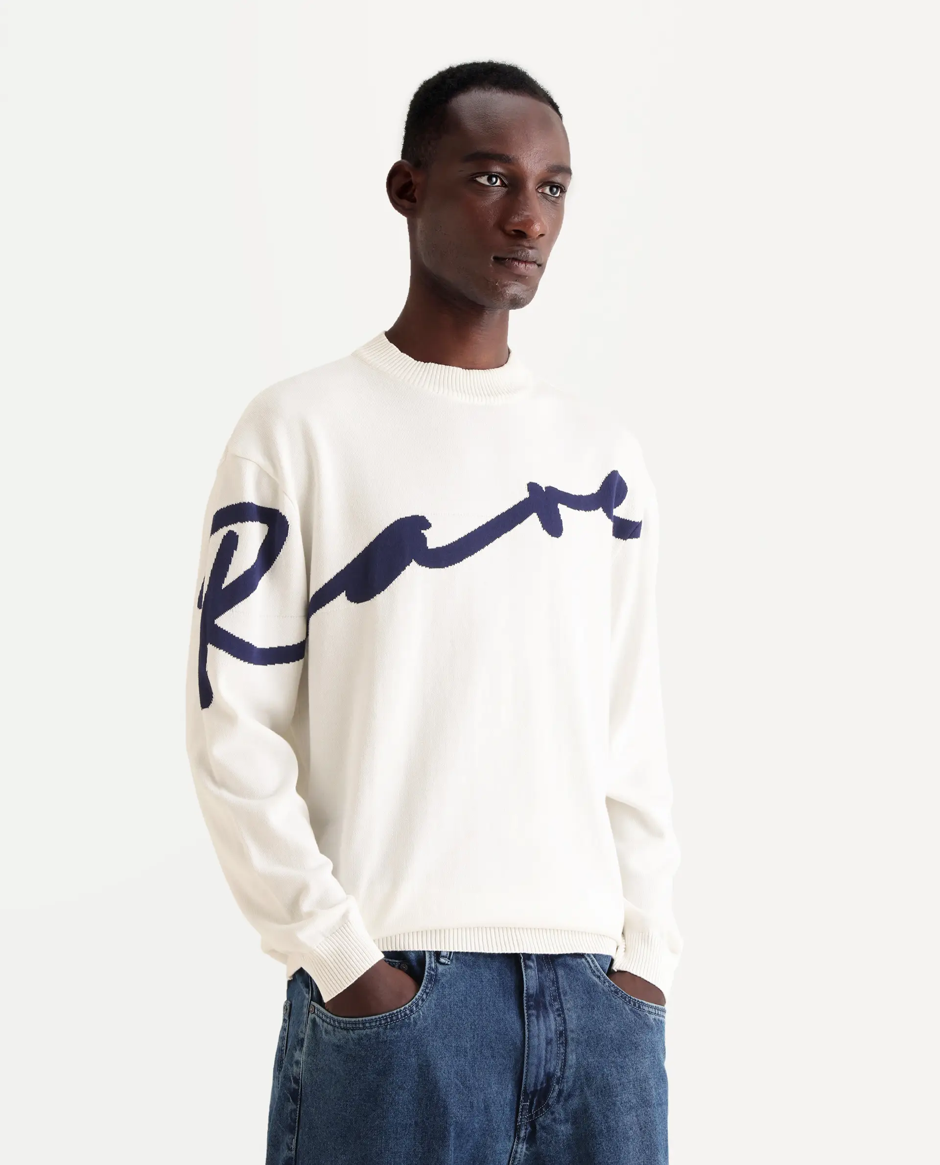 Rare Rabbit Men's Cyan Off White Cotton Textured Regular Fit Full Sleeve Crew Neck Sweater - Image 5
