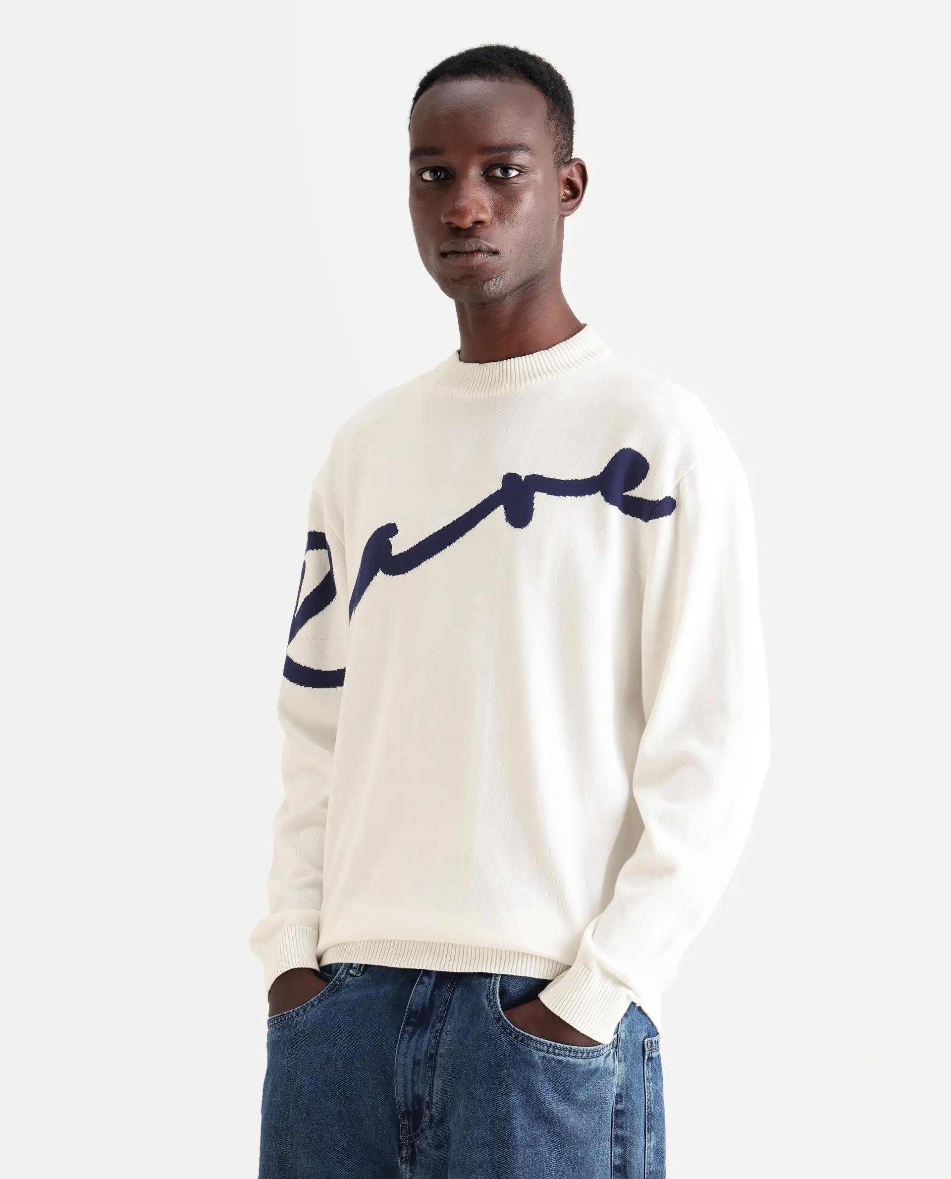 Rare Rabbit Men's Cyan Off White Cotton Textured Regular Fit Full Sleeve Crew Neck Sweater - Image 6