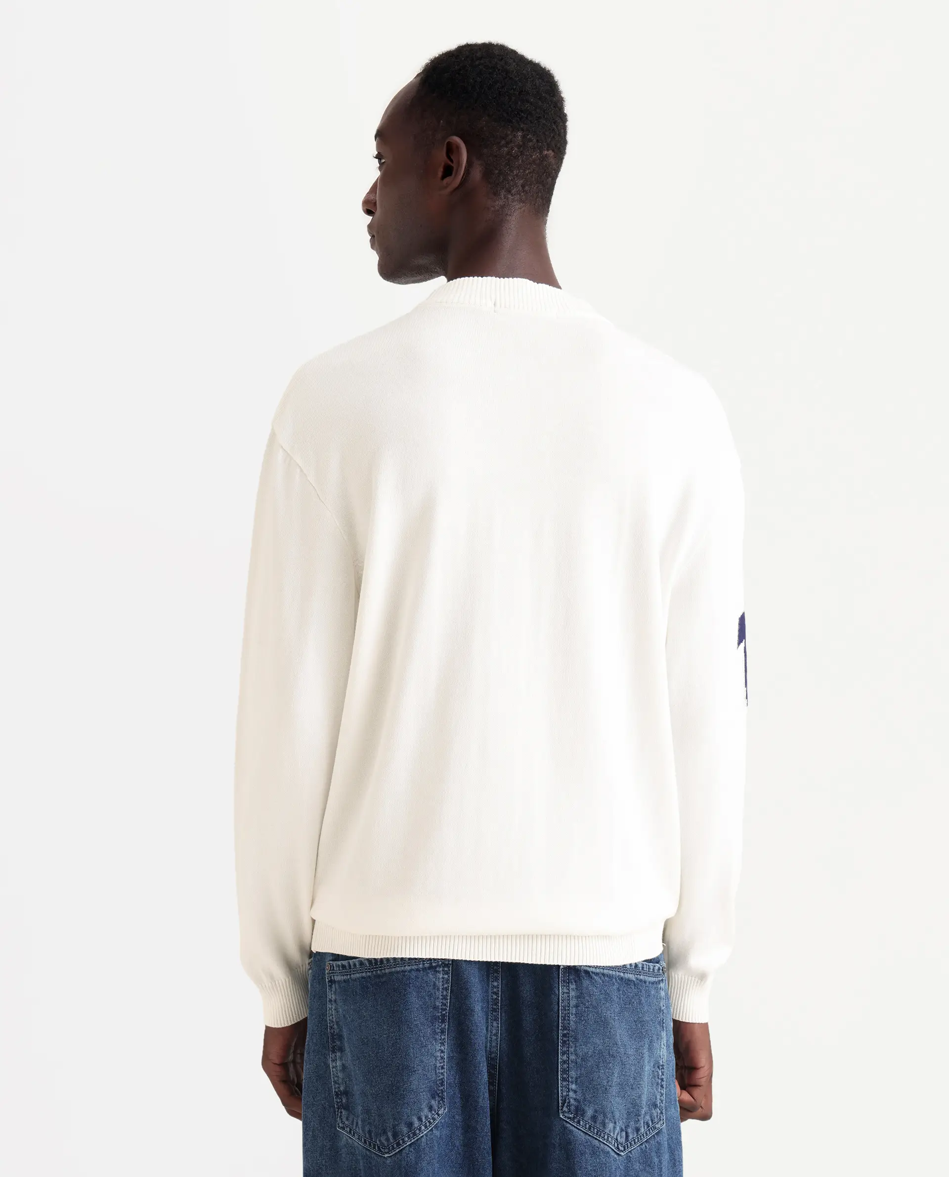 Rare Rabbit Men's Cyan Off White Cotton Textured Regular Fit Full Sleeve Crew Neck Sweater - Image 7