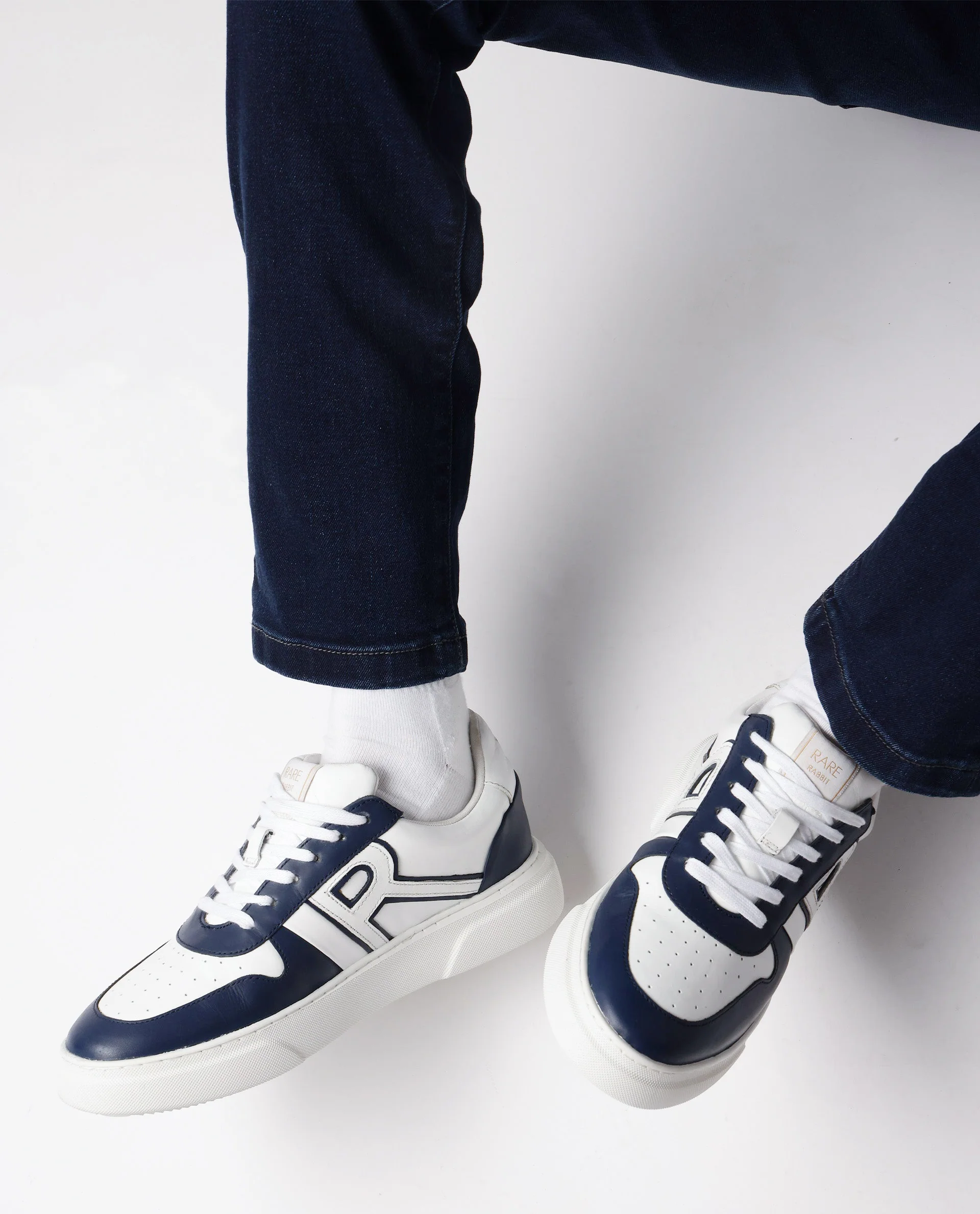 Rare Rabbit Mens Cygnus Pro Navy Genuine Leather Dual Tone Low-Top Lace-Up Sneaker Shoe - Image 2