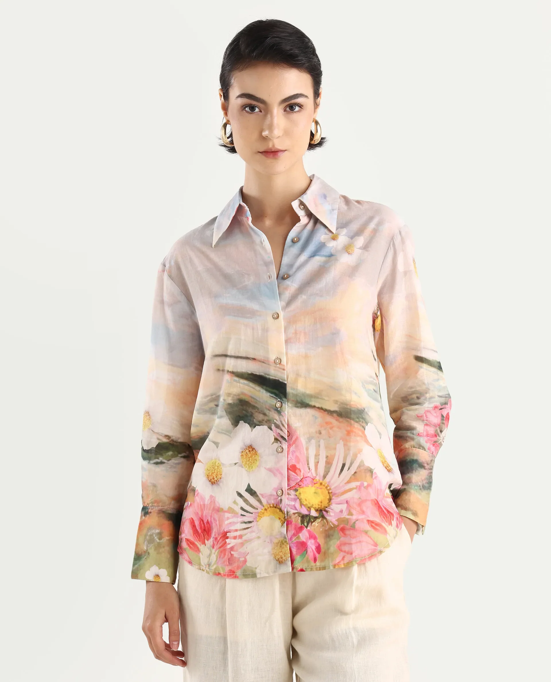 Rareism Women's Cyno Multi Cotton Drop Collar Floral Print Cuffed Sleeve Regular Fit Top - Image 3