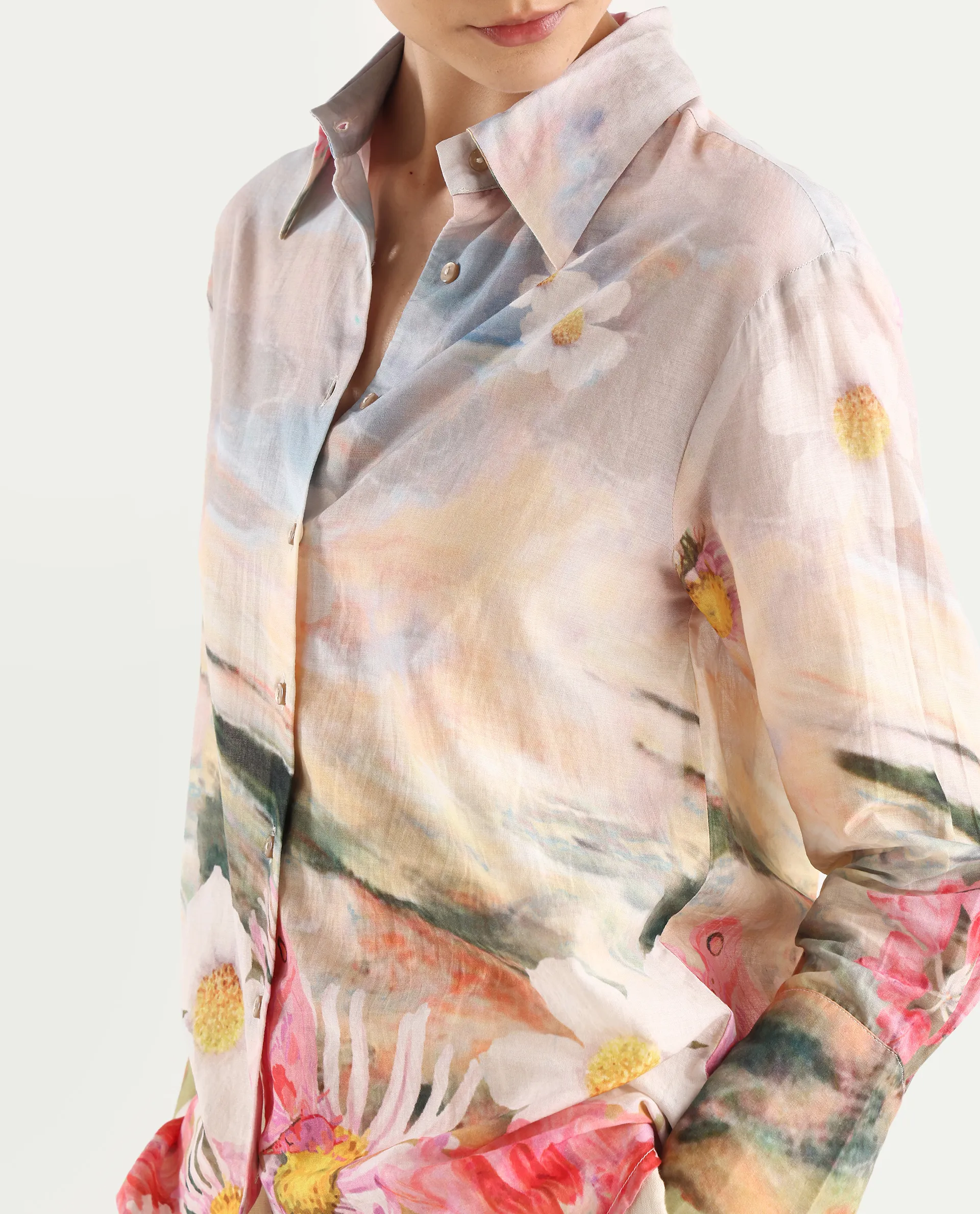 Rareism Women's Cyno Multi Cotton Drop Collar Floral Print Cuffed Sleeve Regular Fit Top - Image 5