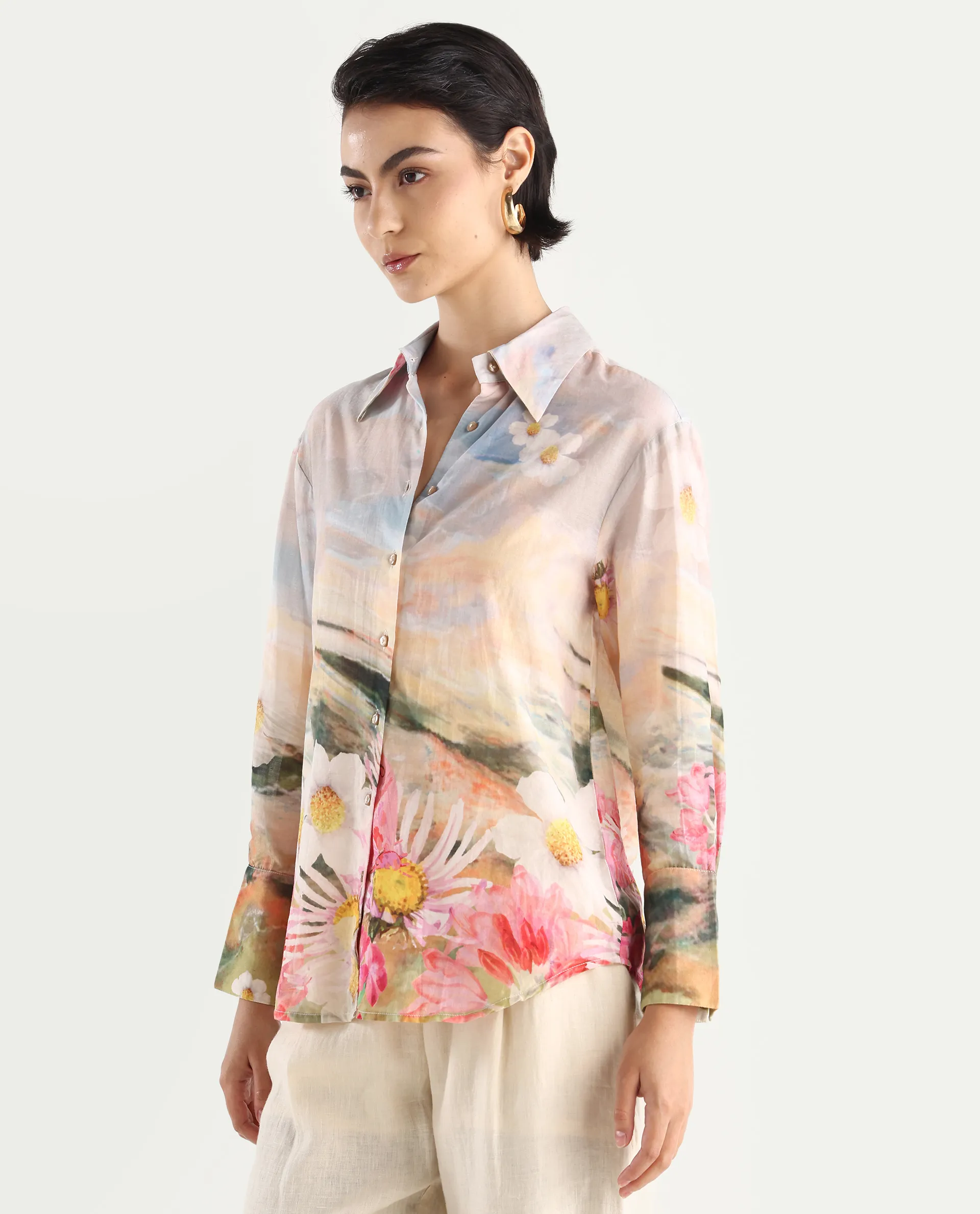 Rareism Women's Cyno Multi Cotton Drop Collar Floral Print Cuffed Sleeve Regular Fit Top - Image 6