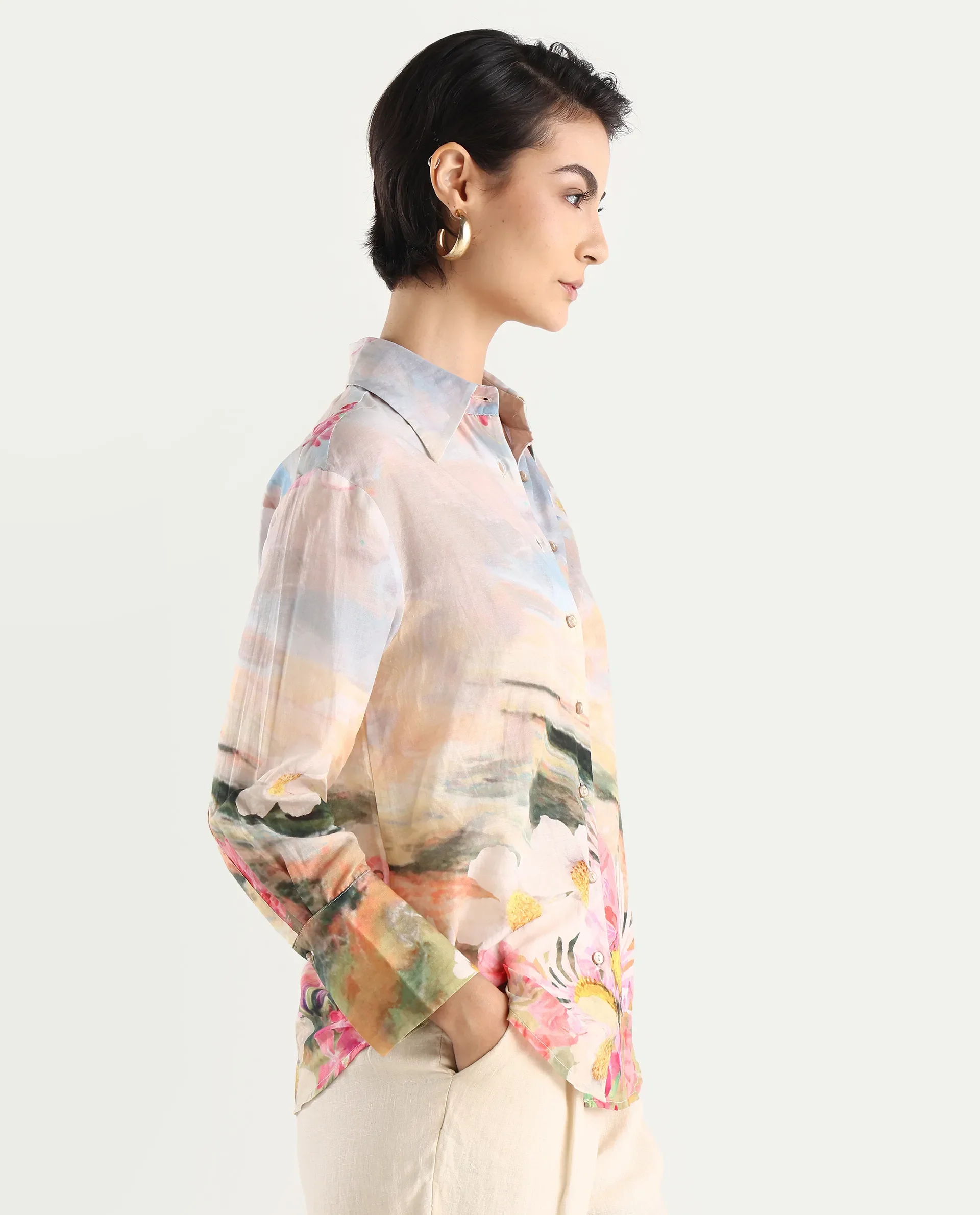 Rareism Women's Cyno Multi Cotton Drop Collar Floral Print Cuffed Sleeve Regular Fit Top - Image 7