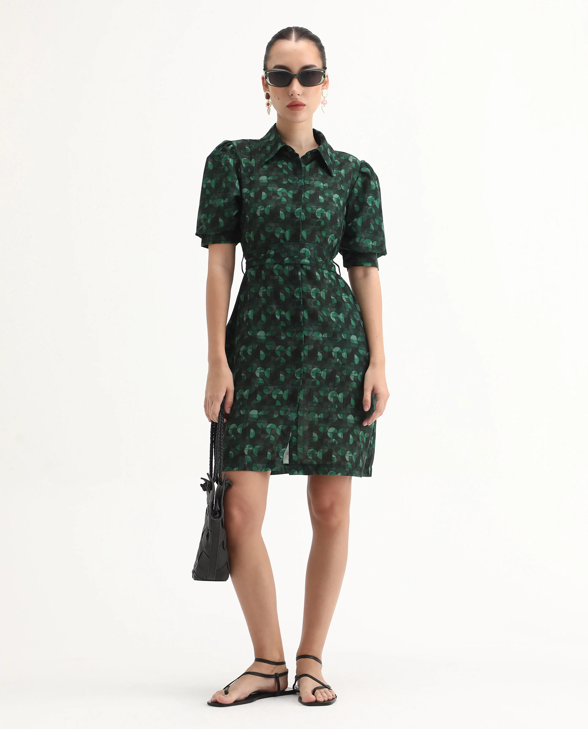 Rareism Women's Cynthia Dark Green Linen Drop Collar Abstract Print Puff Sleeves Mini Straight Fit Dress - Image 2