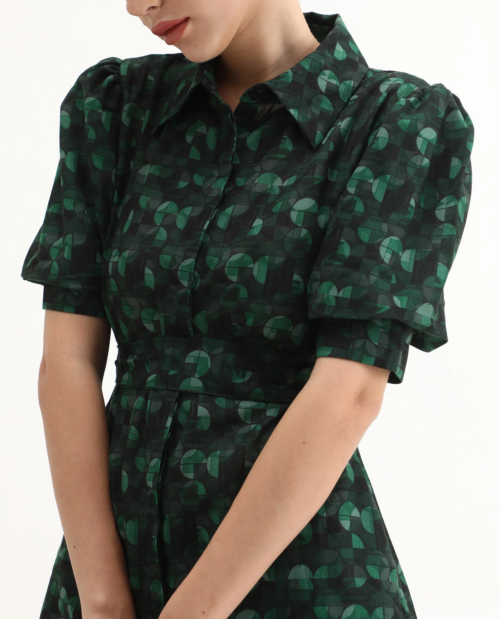 Rareism Women's Cynthia Dark Green Linen Drop Collar Abstract Print Puff Sleeves Mini Straight Fit Dress - Image 3