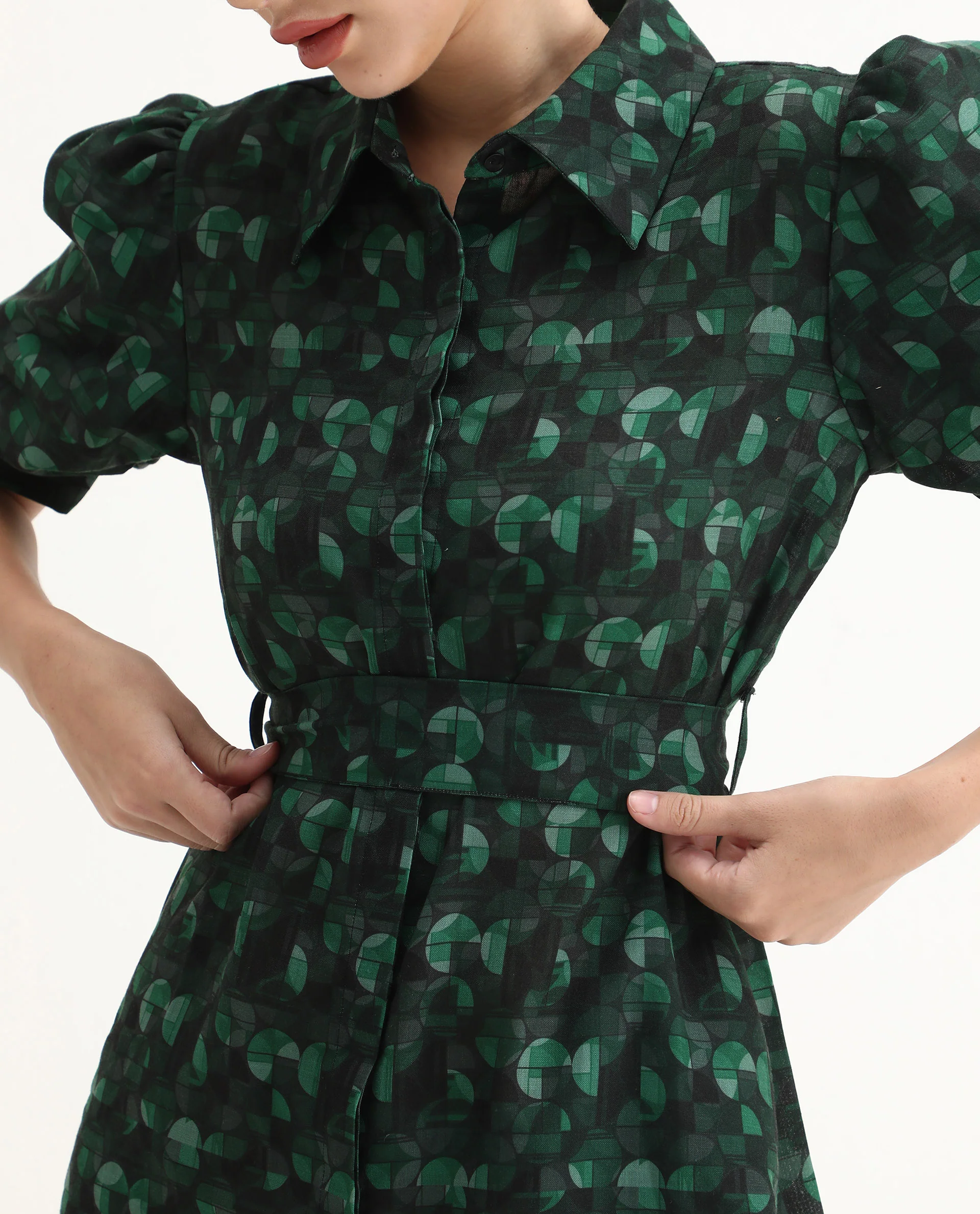 Rareism Women's Cynthia Dark Green Linen Drop Collar Abstract Print Puff Sleeves Mini Straight Fit Dress - Image 5