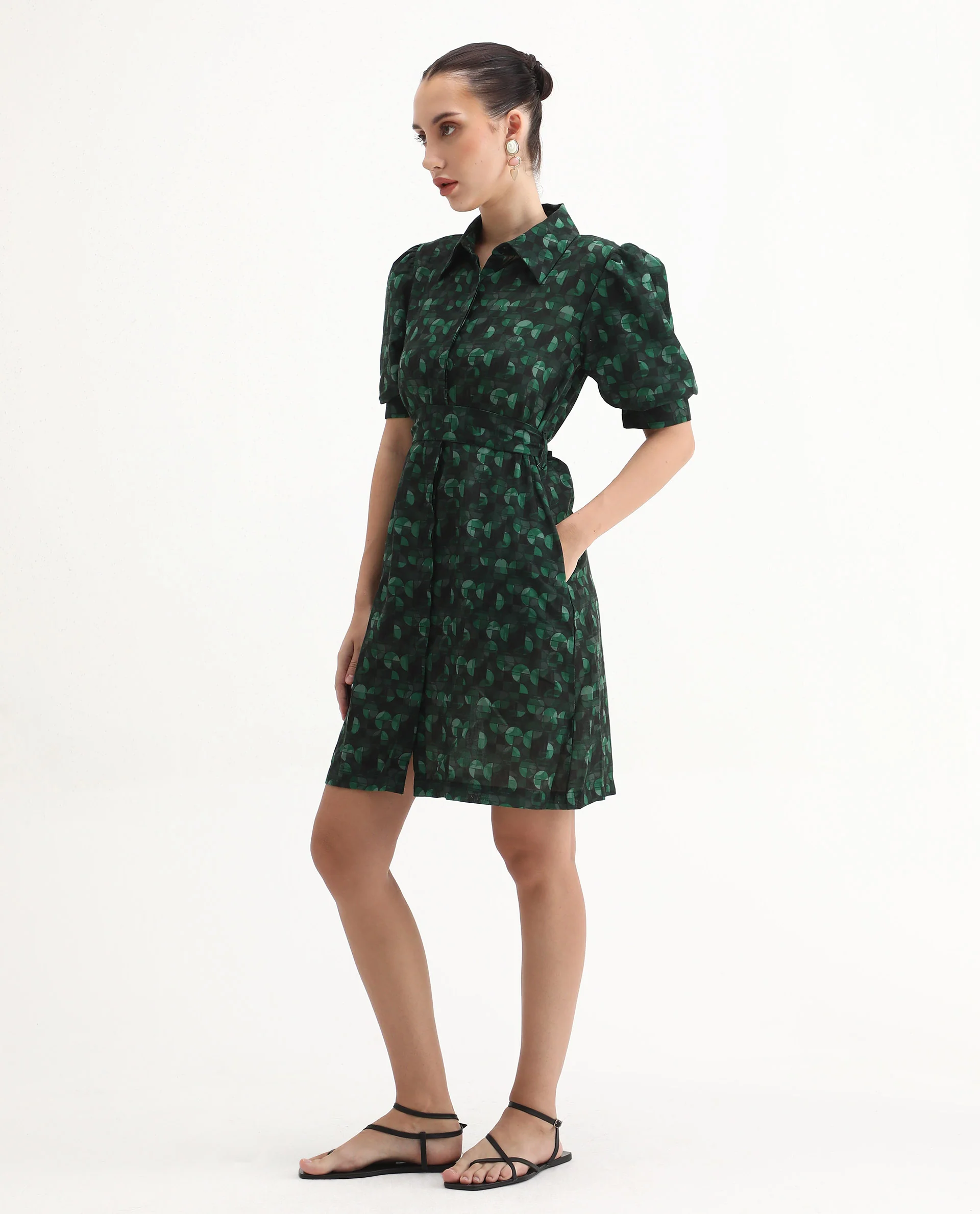 Rareism Women's Cynthia Dark Green Linen Drop Collar Abstract Print Puff Sleeves Mini Straight Fit Dress - Image 6