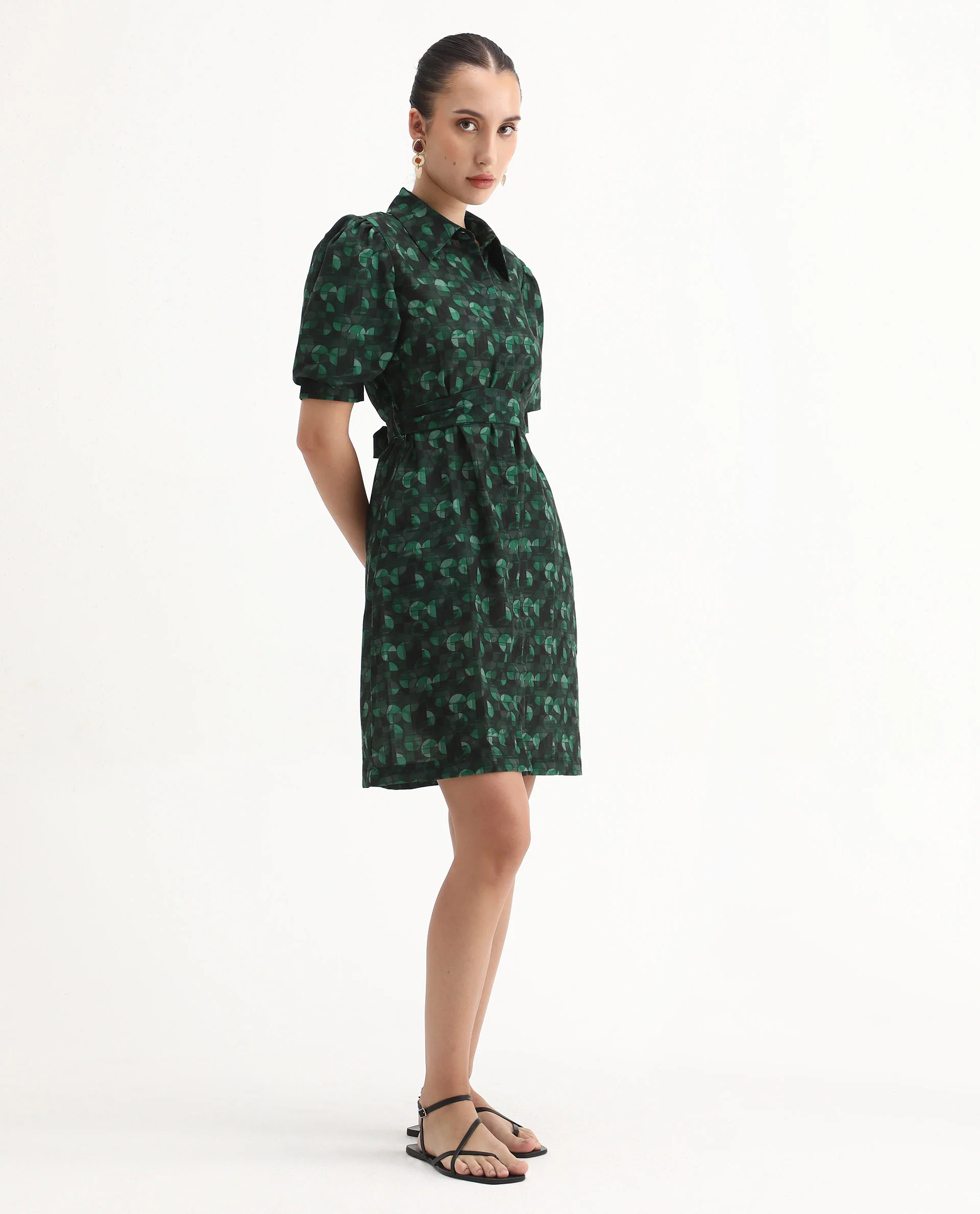 Rareism Women's Cynthia Dark Green Linen Drop Collar Abstract Print Puff Sleeves Mini Straight Fit Dress - Image 7