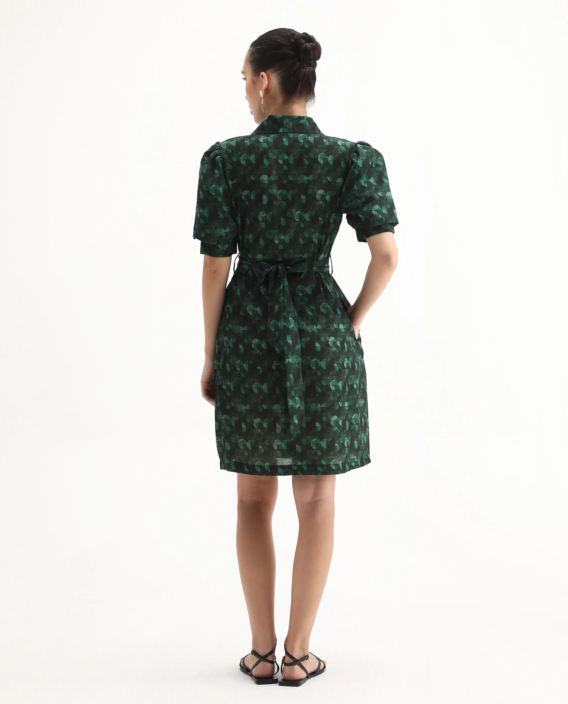 Rareism Women's Cynthia Dark Green Linen Drop Collar Abstract Print Puff Sleeves Mini Straight Fit Dress - Image 8