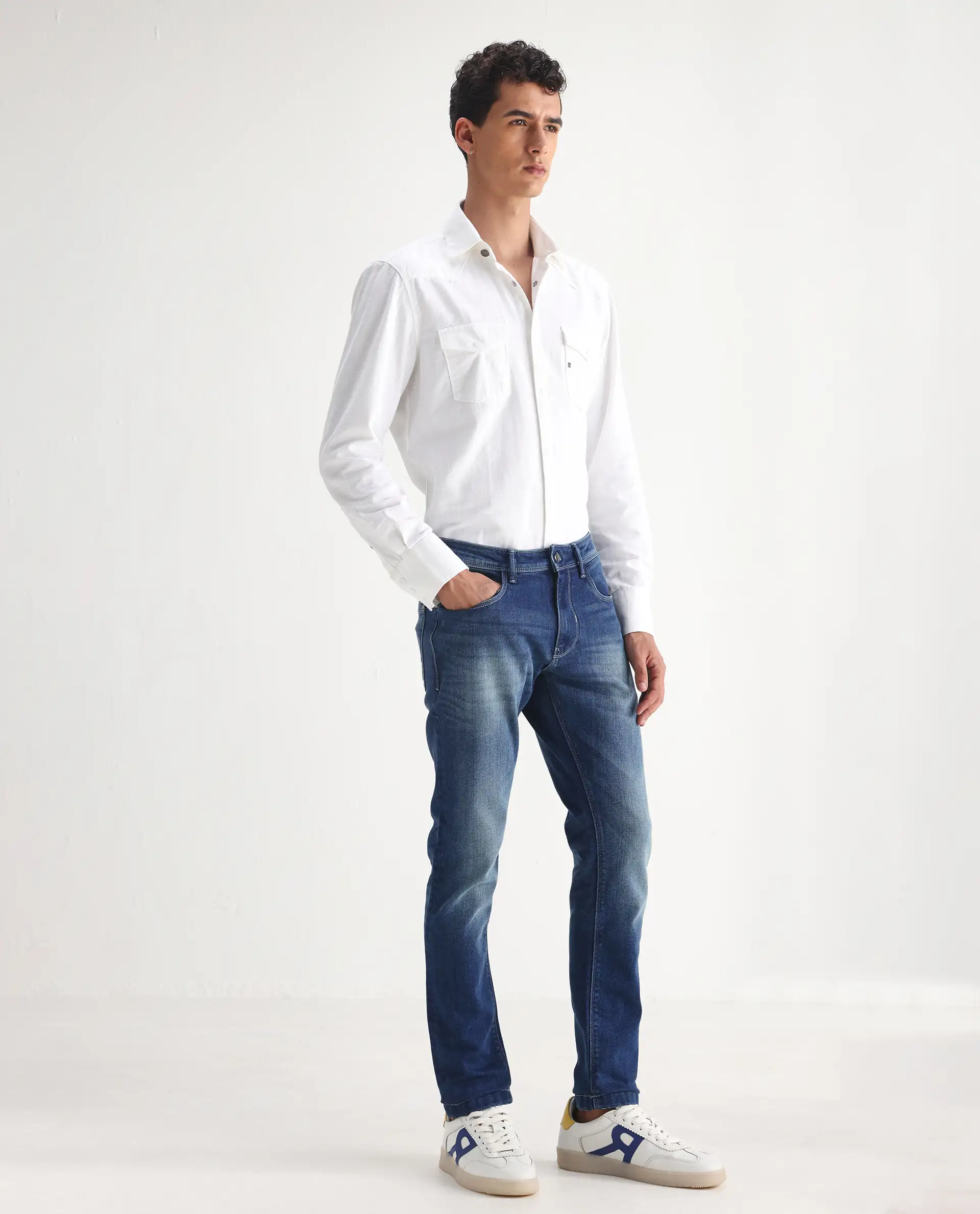Rare Rabbit Men's Cyr Light Blue Cotton Plain Hawk Slim Fit Jeans - Image 3