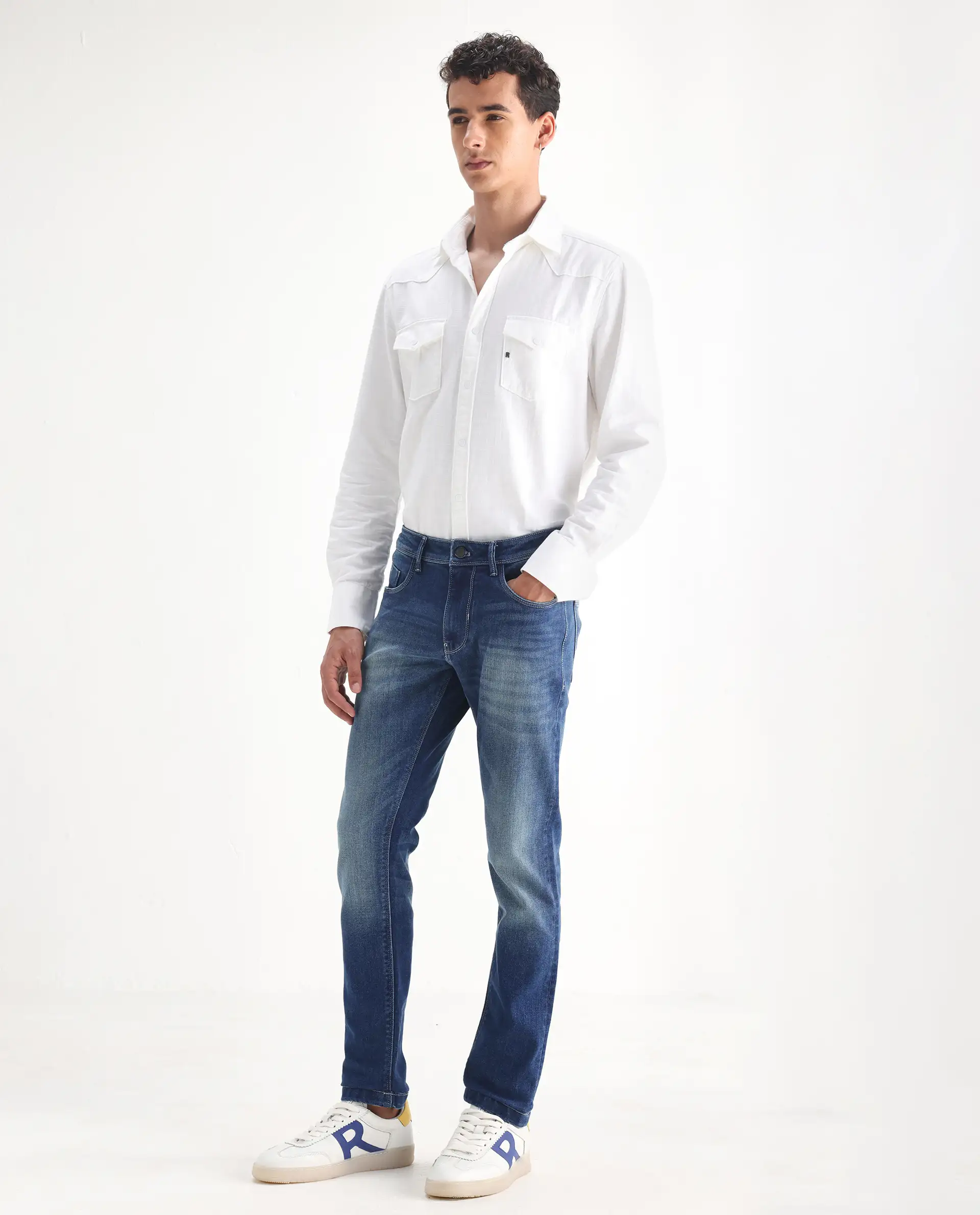 Rare Rabbit Men's Cyr Light Blue Cotton Plain Hawk Slim Fit Jeans - Image 5