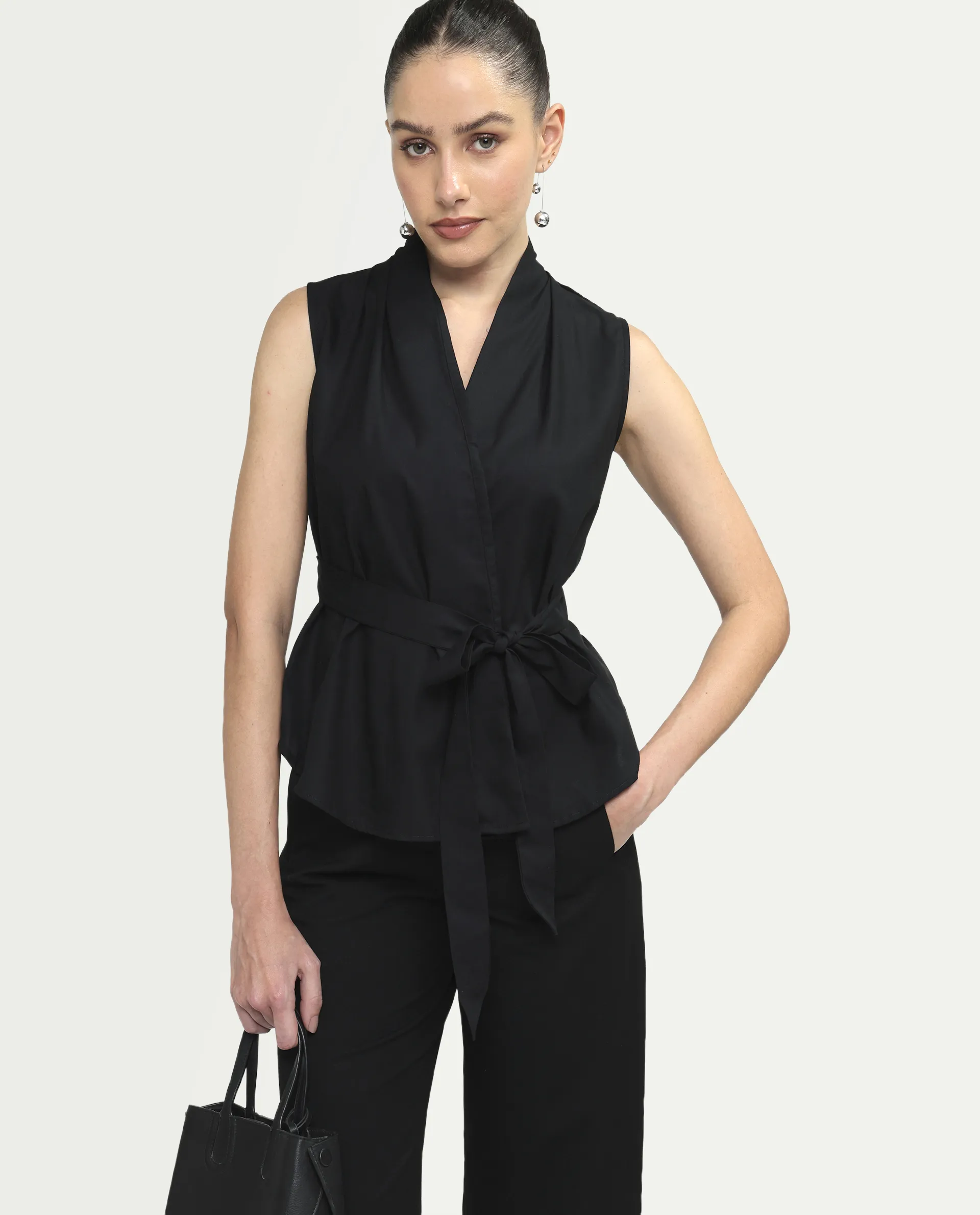 Rareism Women's Cyra Black Viscose Blend Sleeveless Regular Fit Plain Top - Image 4