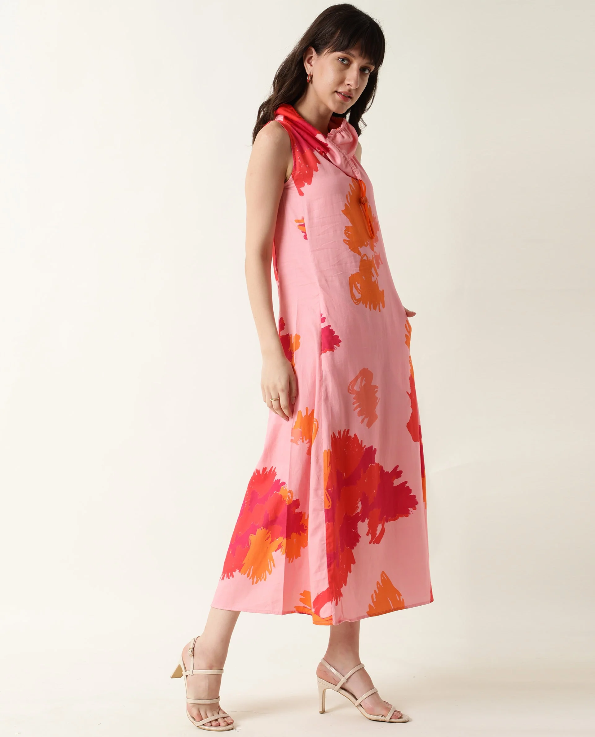 Rareism Womens Cyrus Pink Dress Cotton Fabric Regular Fit Sleeveless Round Neck - Image 8