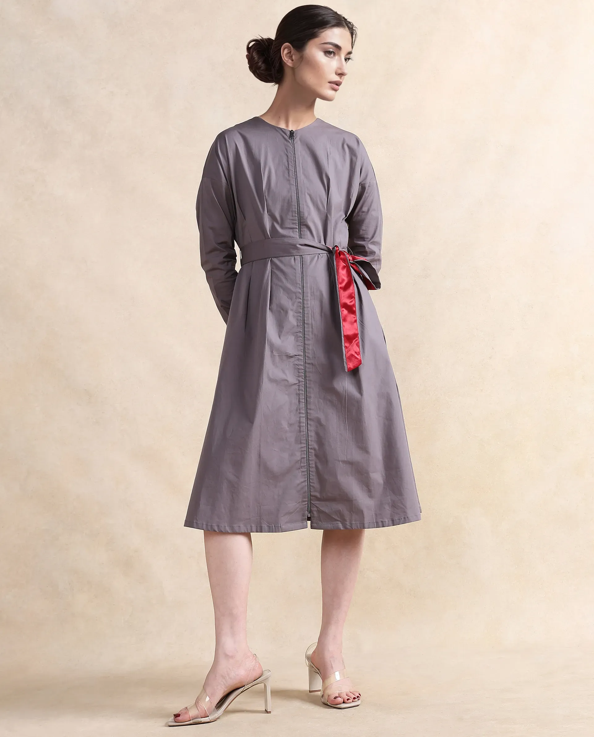 Rareism Women's Cyti Grey Cotton Blend Round Neck Plain Cuffed Sleeve Knee Length Flared Dress