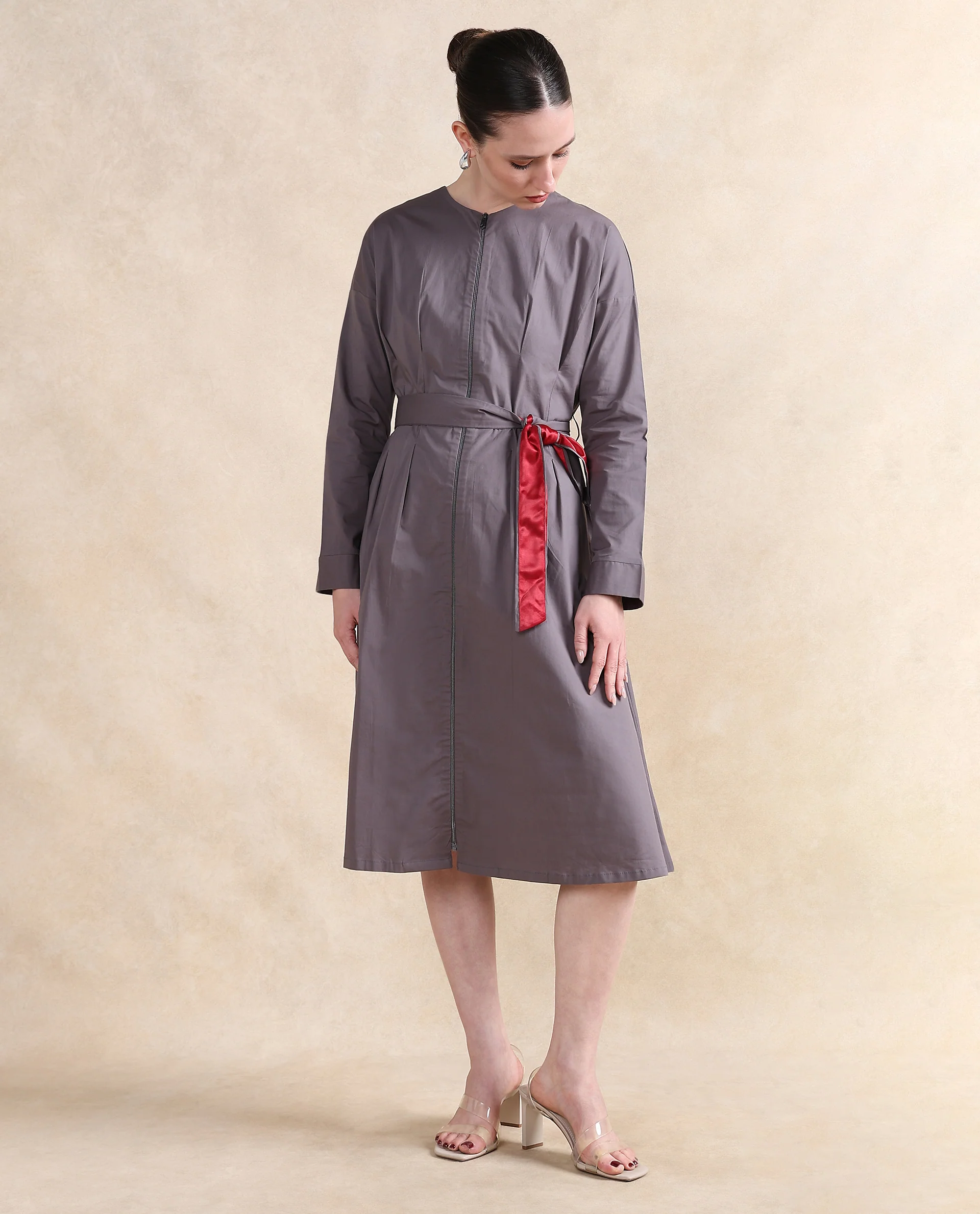 Rareism Women's Cyti Grey Cotton Blend Round Neck Plain Cuffed Sleeve Knee Length Flared Dress - Image 3