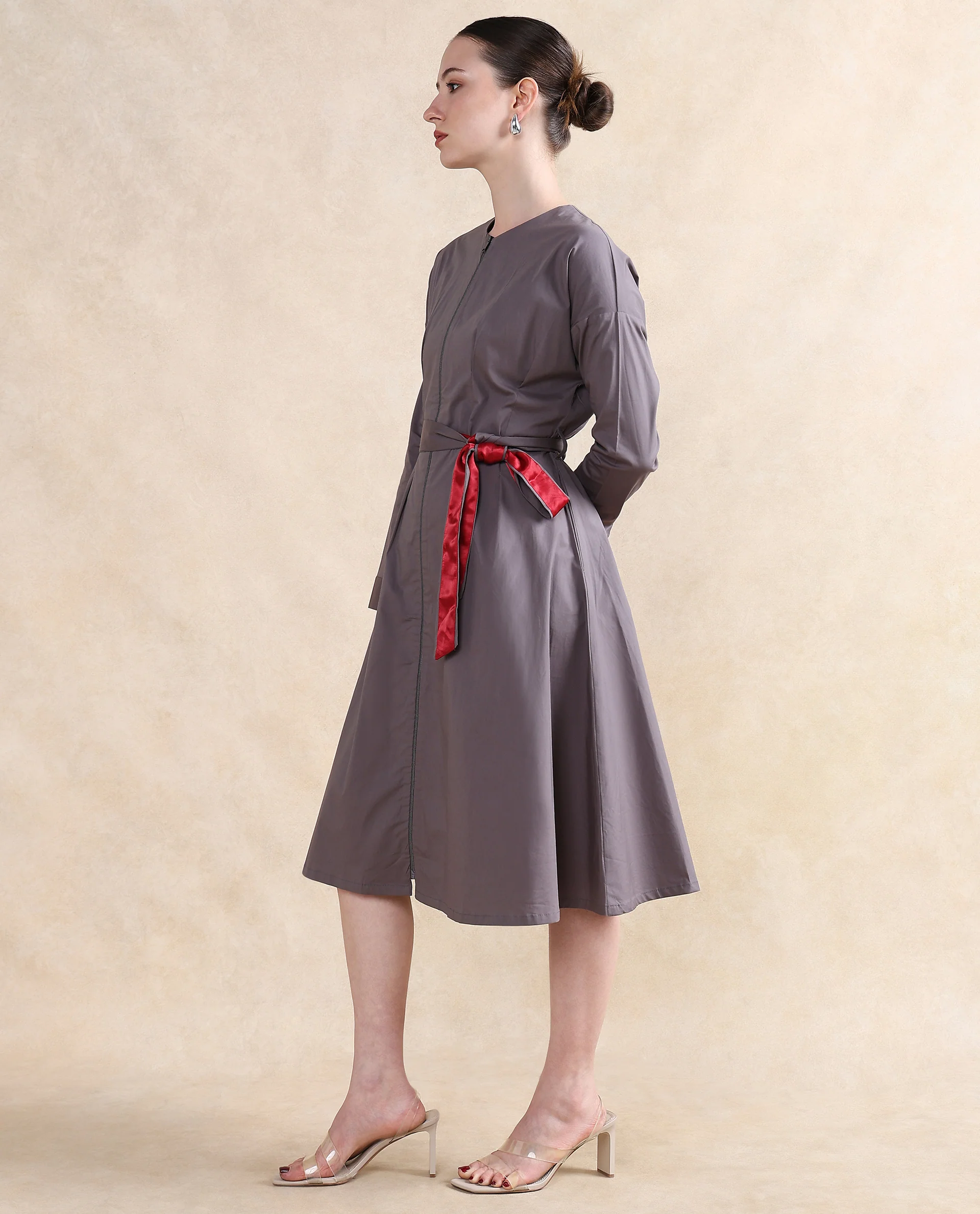 Rareism Women's Cyti Grey Cotton Blend Round Neck Plain Cuffed Sleeve Knee Length Flared Dress - Image 4