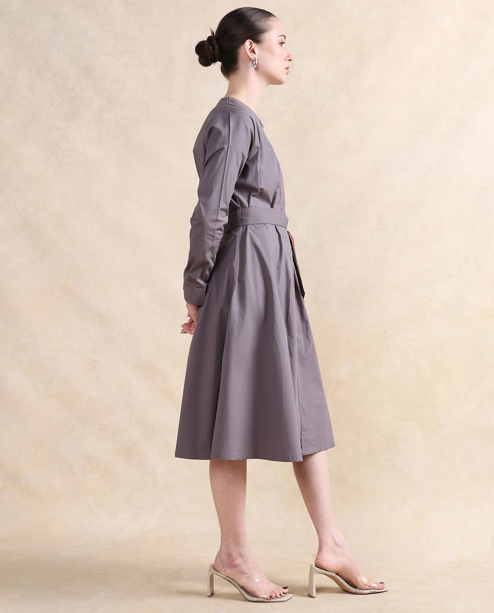 Rareism Women's Cyti Grey Cotton Blend Round Neck Plain Cuffed Sleeve Knee Length Flared Dress - Image 5