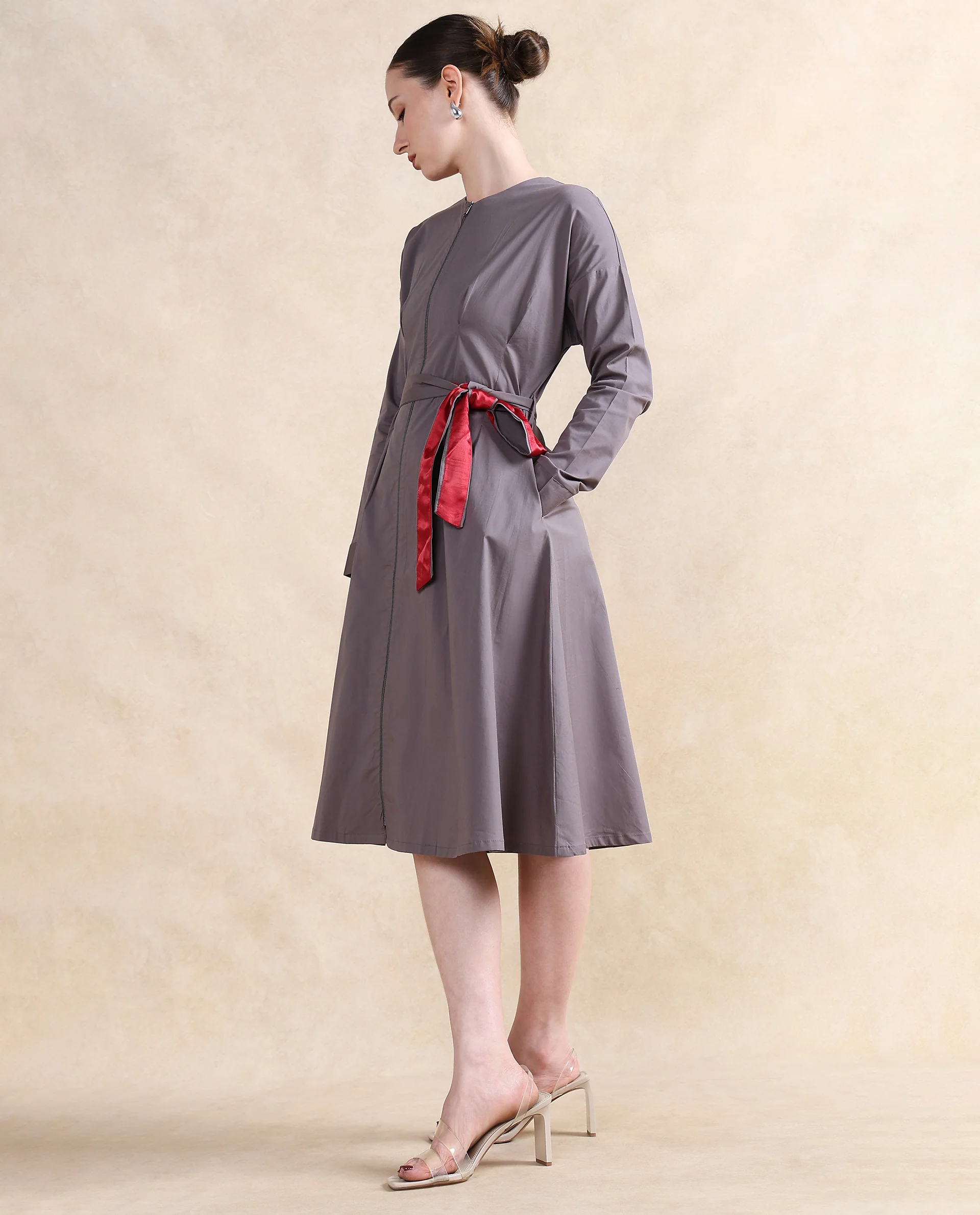 Rareism Women's Cyti Grey Cotton Blend Round Neck Plain Cuffed Sleeve Knee Length Flared Dress - Image 6