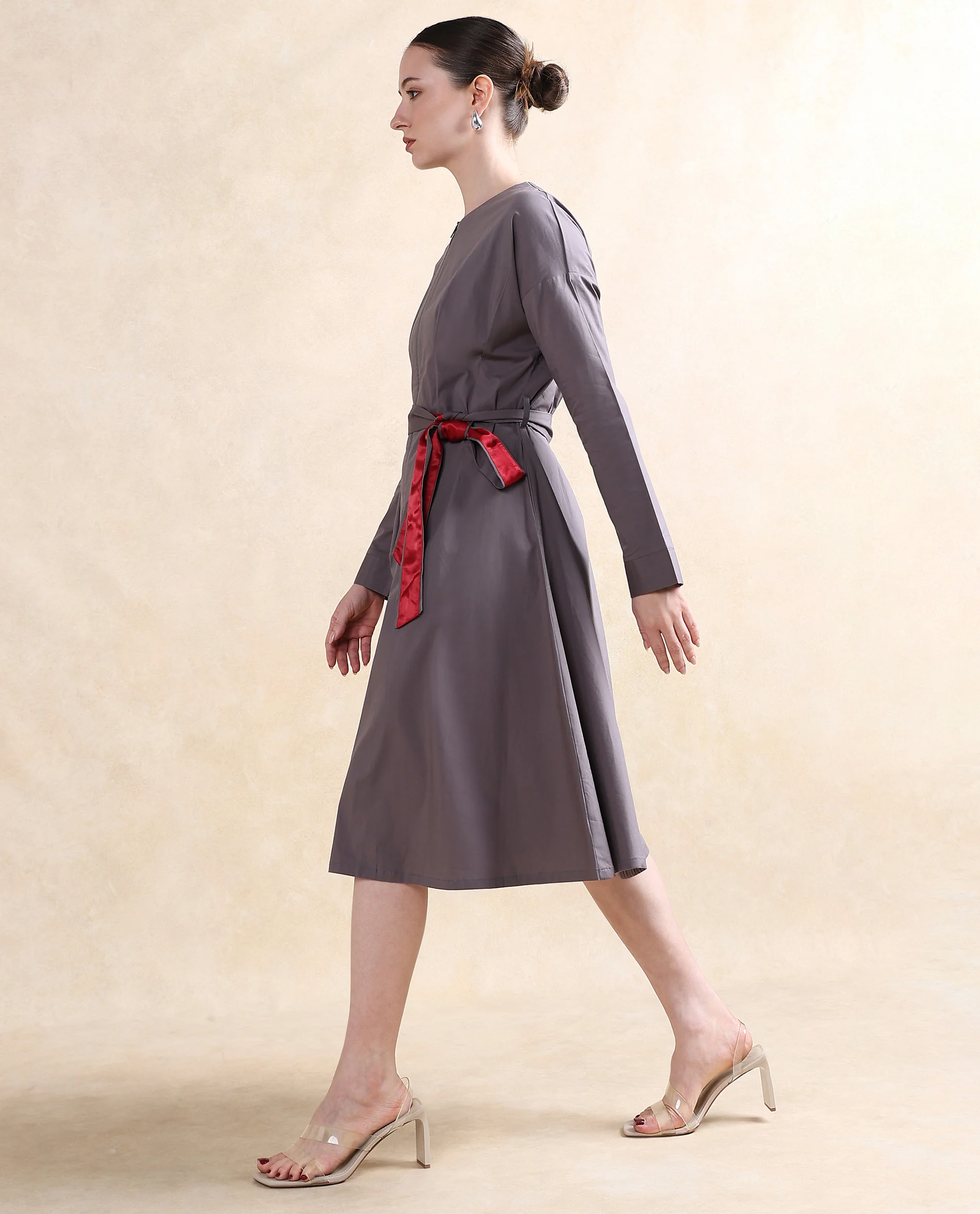 Rareism Women's Cyti Grey Cotton Blend Round Neck Plain Cuffed Sleeve Knee Length Flared Dress - Image 7