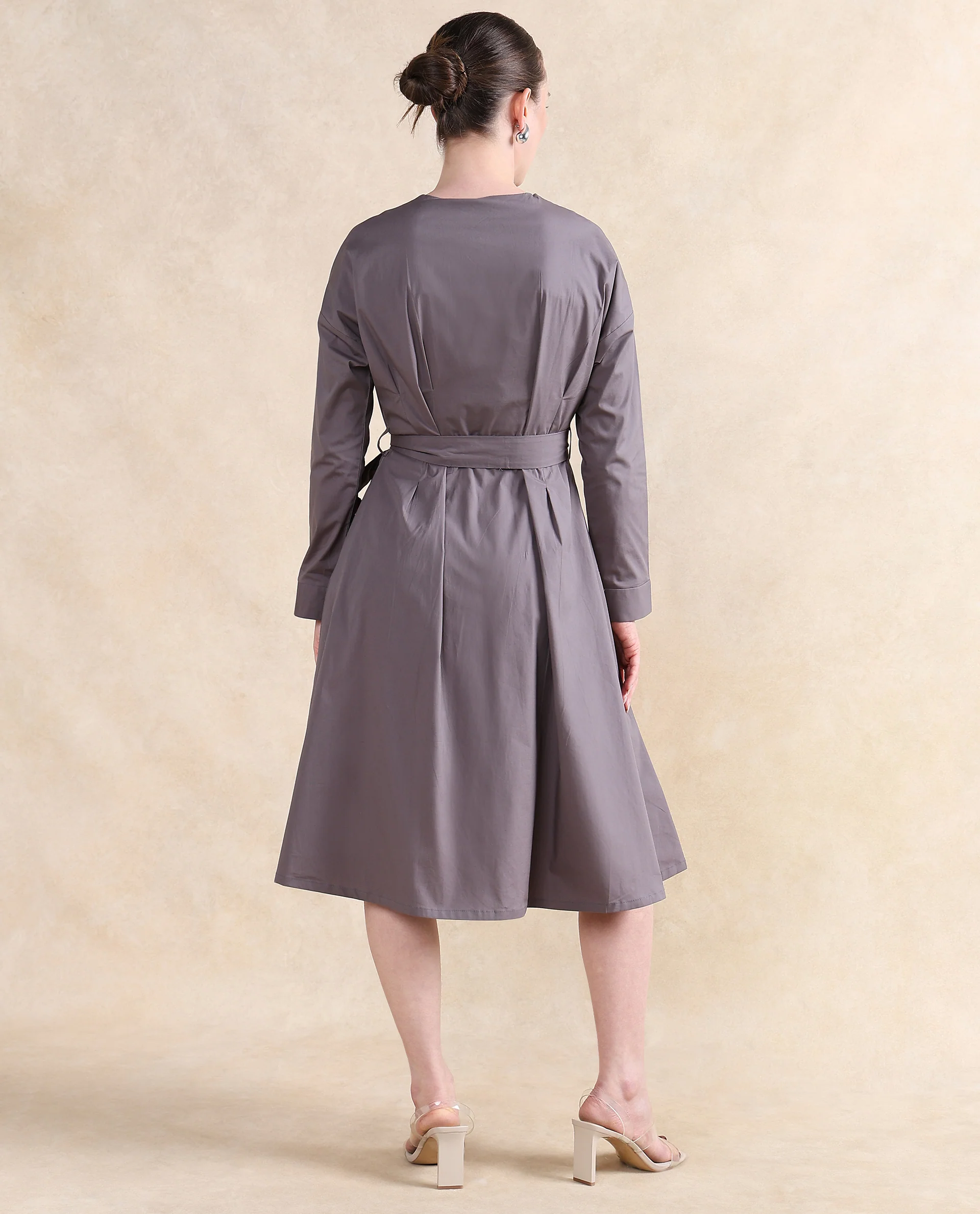 Rareism Women's Cyti Grey Cotton Blend Round Neck Plain Cuffed Sleeve Knee Length Flared Dress - Image 8