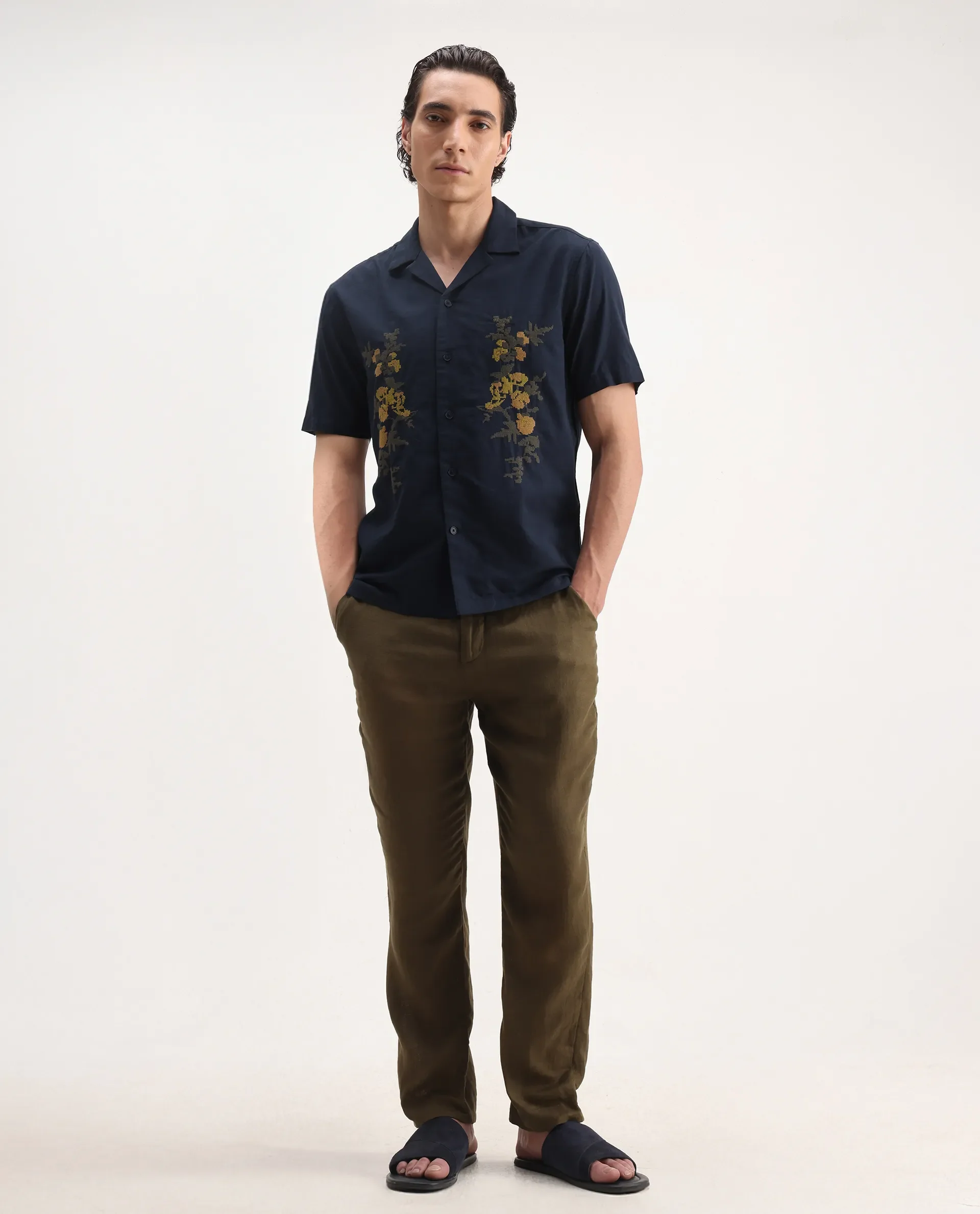Rare Rabbit Men's Dabe Navy Linen Blend Embroidered Boxy Fit Half Sleeve Cuban Collar Shirt - Image 2