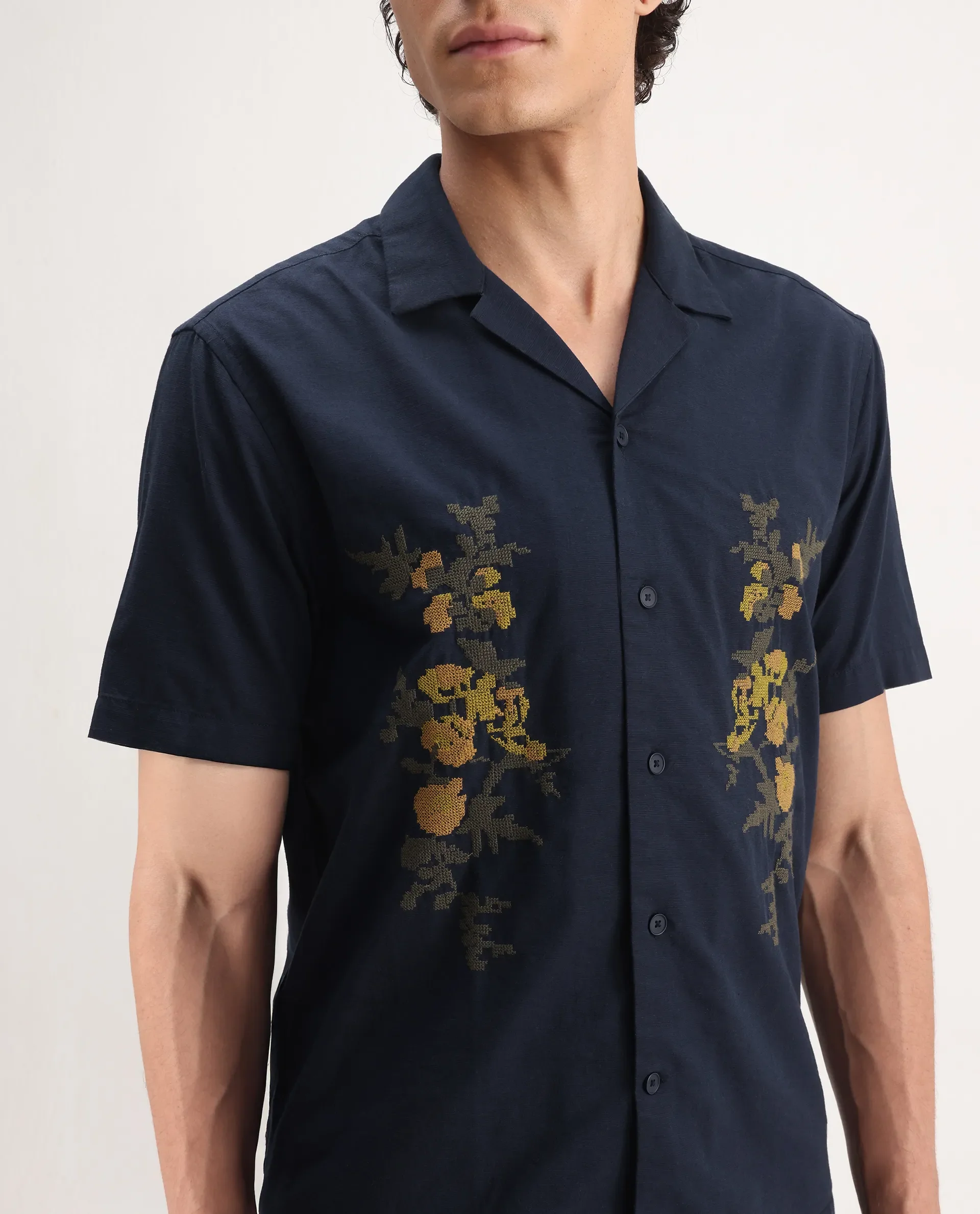 Rare Rabbit Men's Dabe Navy Linen Blend Embroidered Boxy Fit Half Sleeve Cuban Collar Shirt - Image 3
