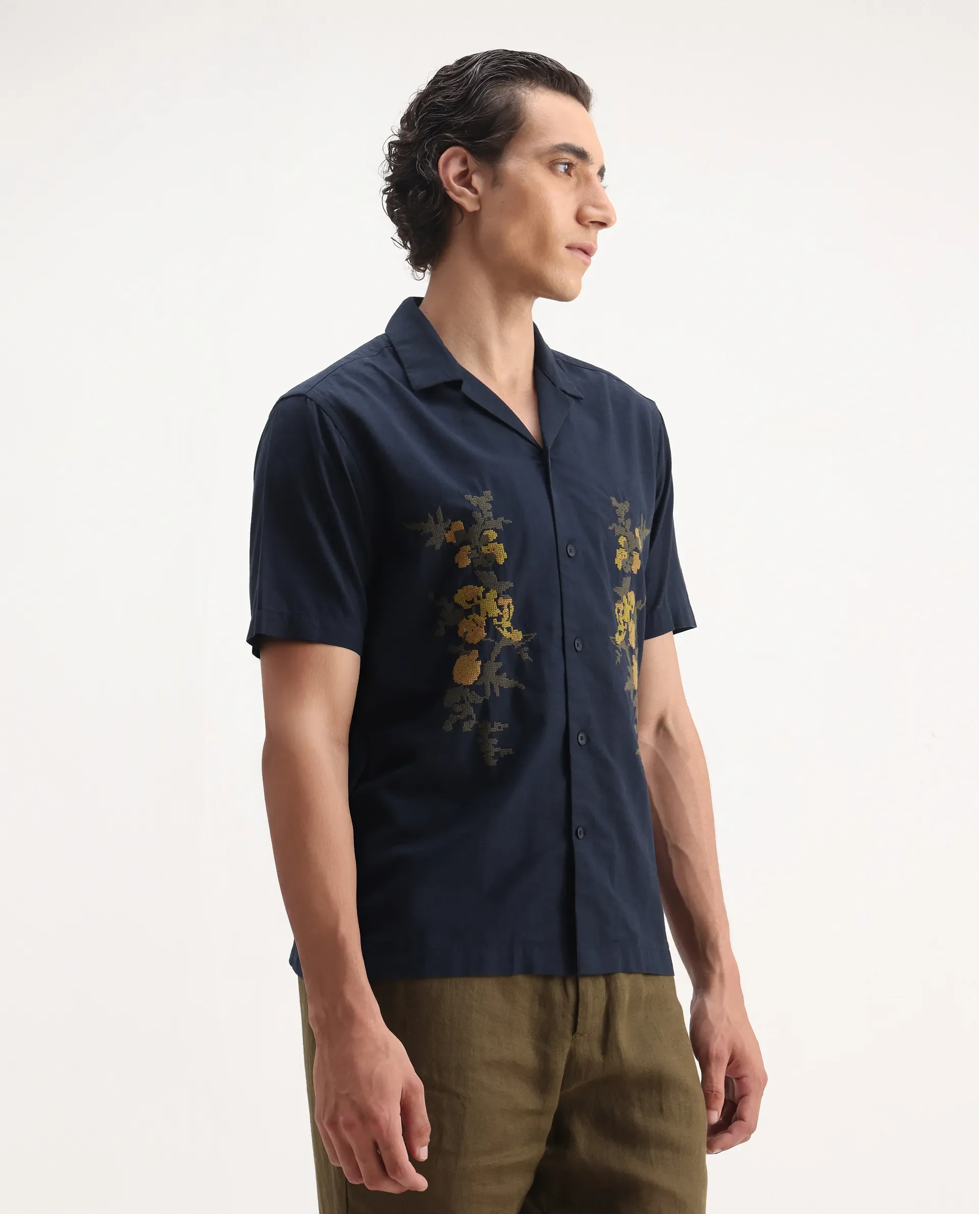 Rare Rabbit Men's Dabe Navy Linen Blend Embroidered Boxy Fit Half Sleeve Cuban Collar Shirt - Image 4