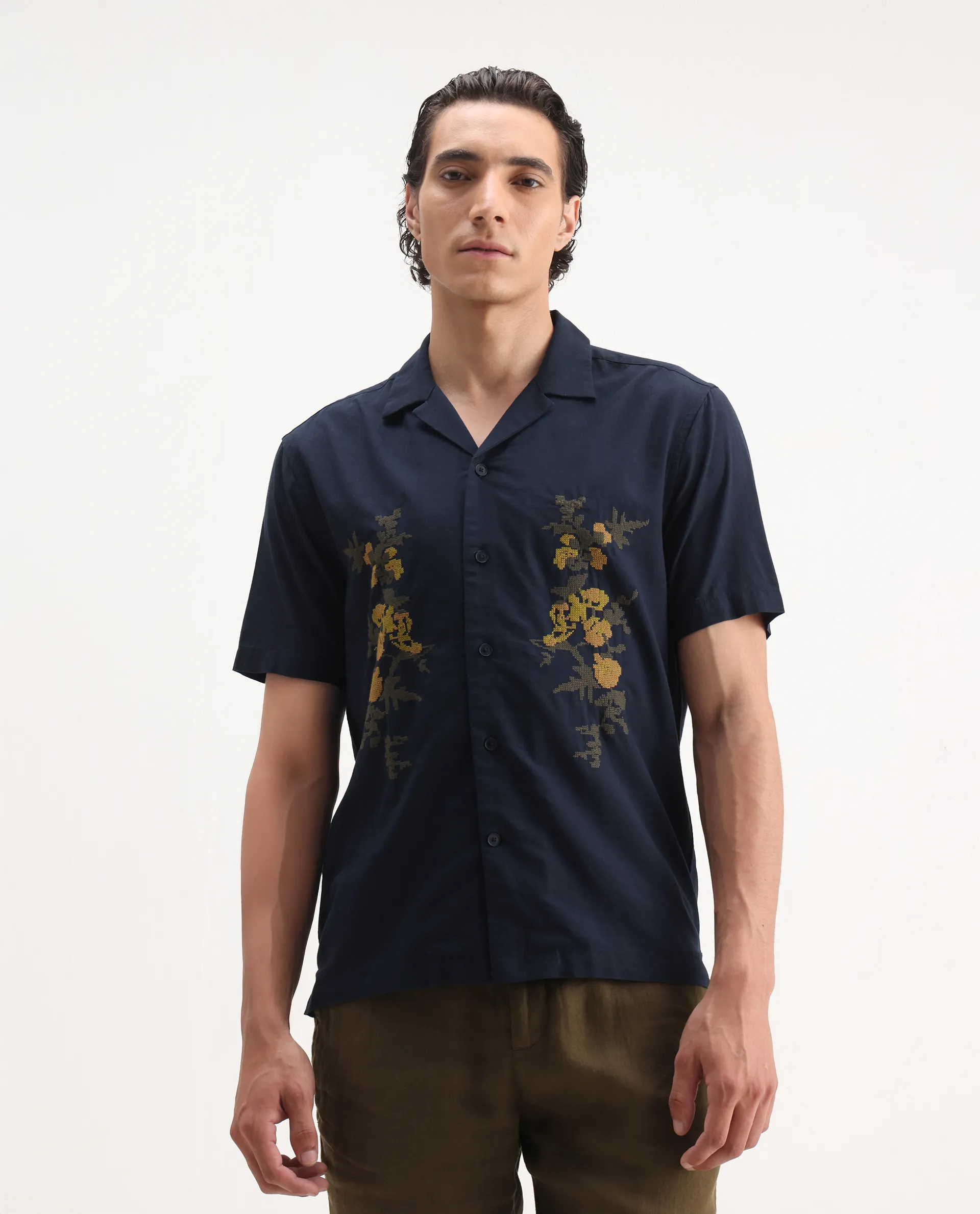 Rare Rabbit Men's Dabe Navy Linen Blend Embroidered Boxy Fit Half Sleeve Cuban Collar Shirt - Image 5
