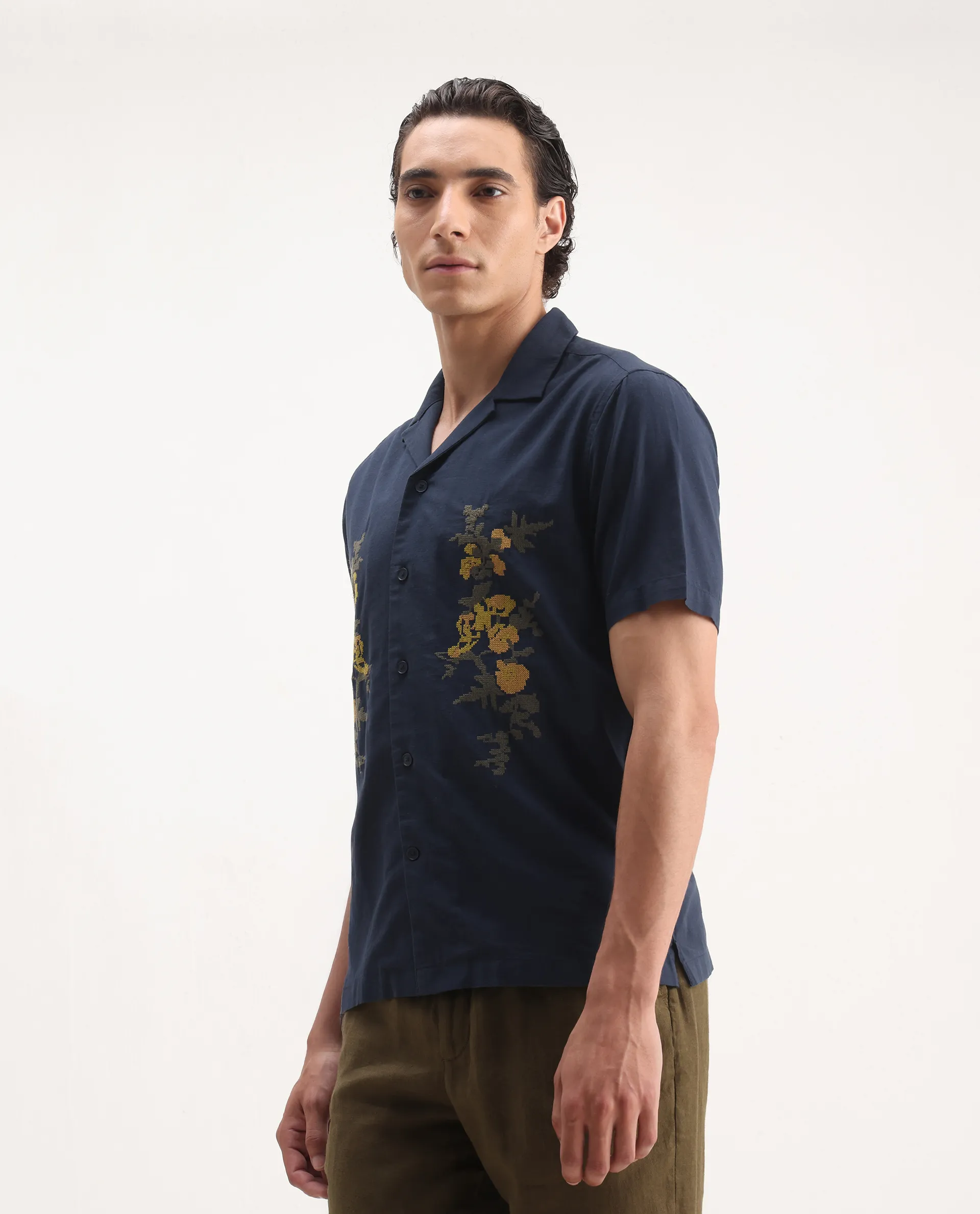 Rare Rabbit Men's Dabe Navy Linen Blend Embroidered Boxy Fit Half Sleeve Cuban Collar Shirt - Image 6
