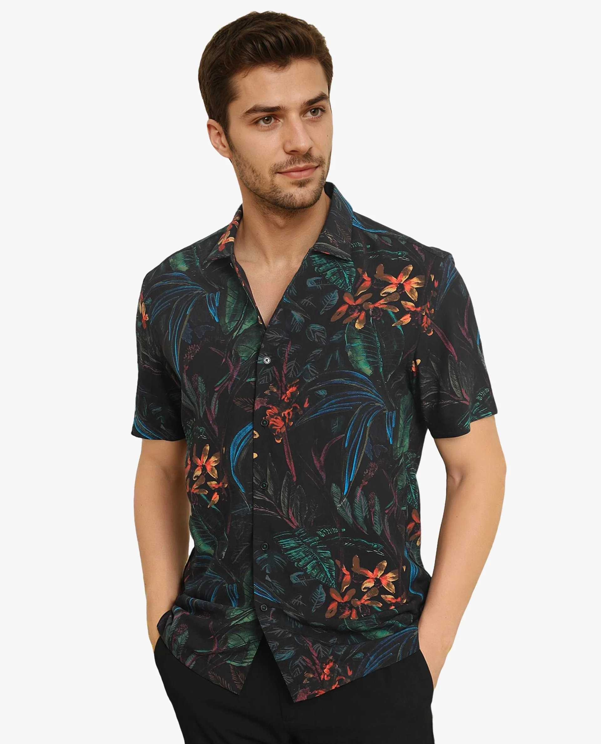Rare Rabbit Men's Dabney Black Viscose Tropical Print Regular Fit Half Sleeve Collared Shirt