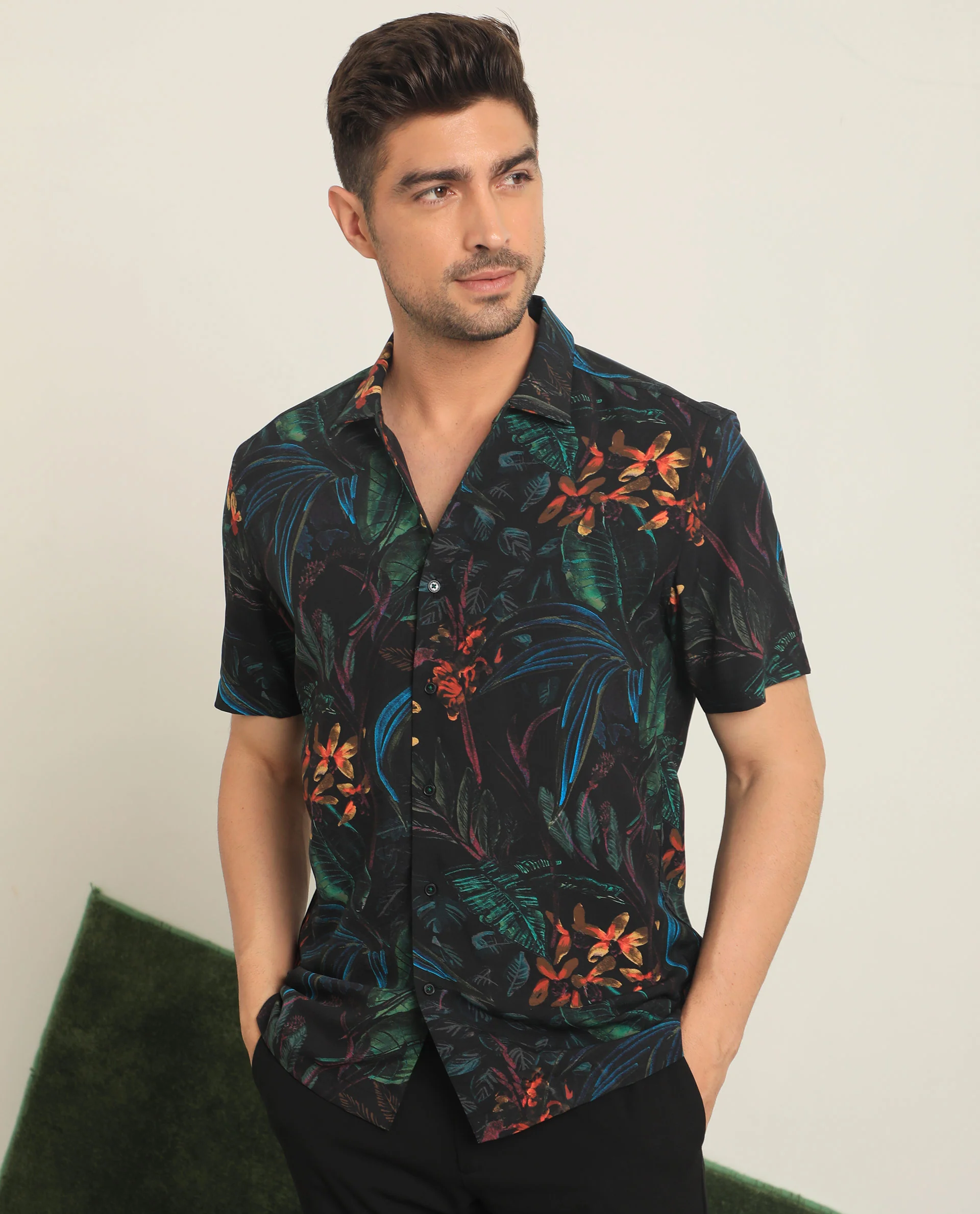 Rare Rabbit Men's Dabney Black Viscose Tropical Print Regular Fit Half Sleeve Collared Shirt - Image 2